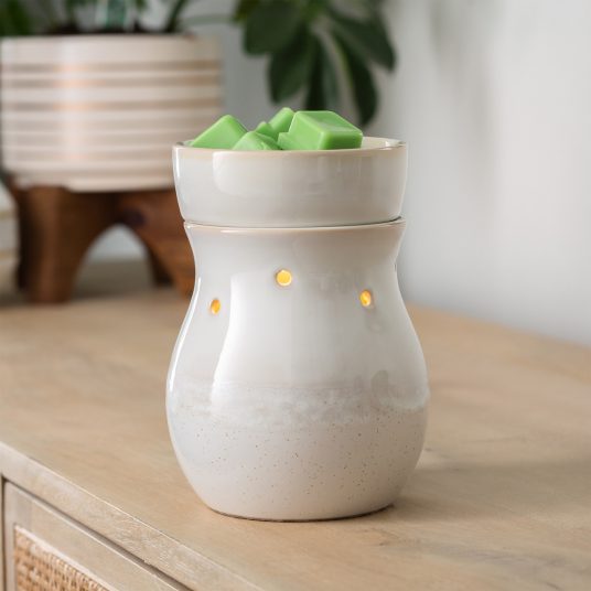 White Wax Melt Warmer With Speckled Glaze on table