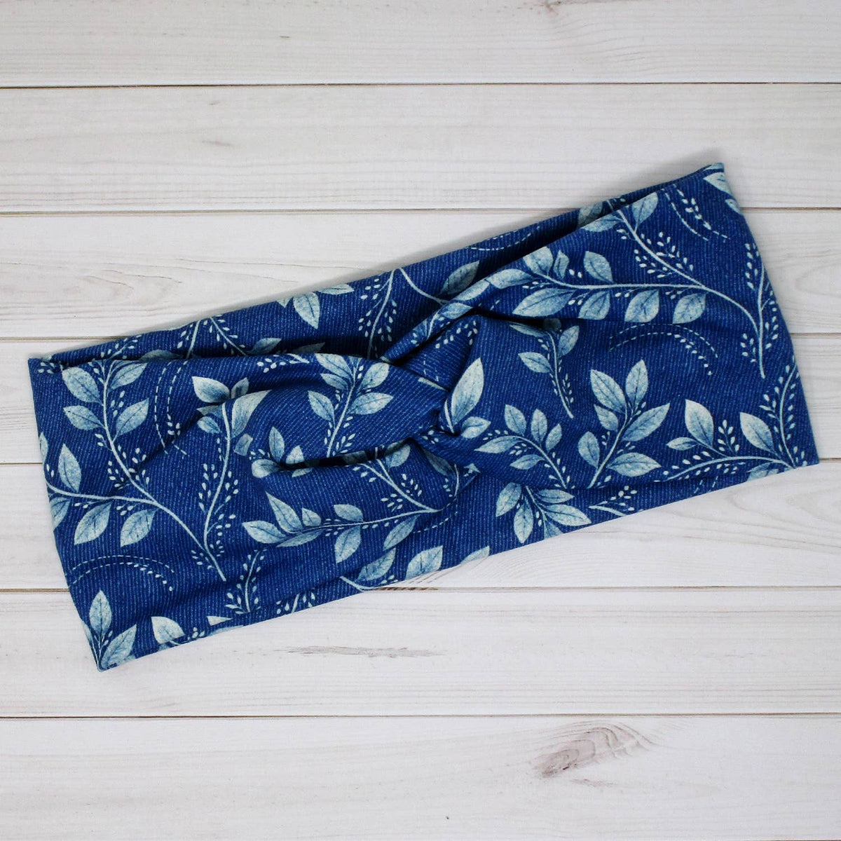 Denim Blue Vine Stitched Print Comfy Knit Twist Headband