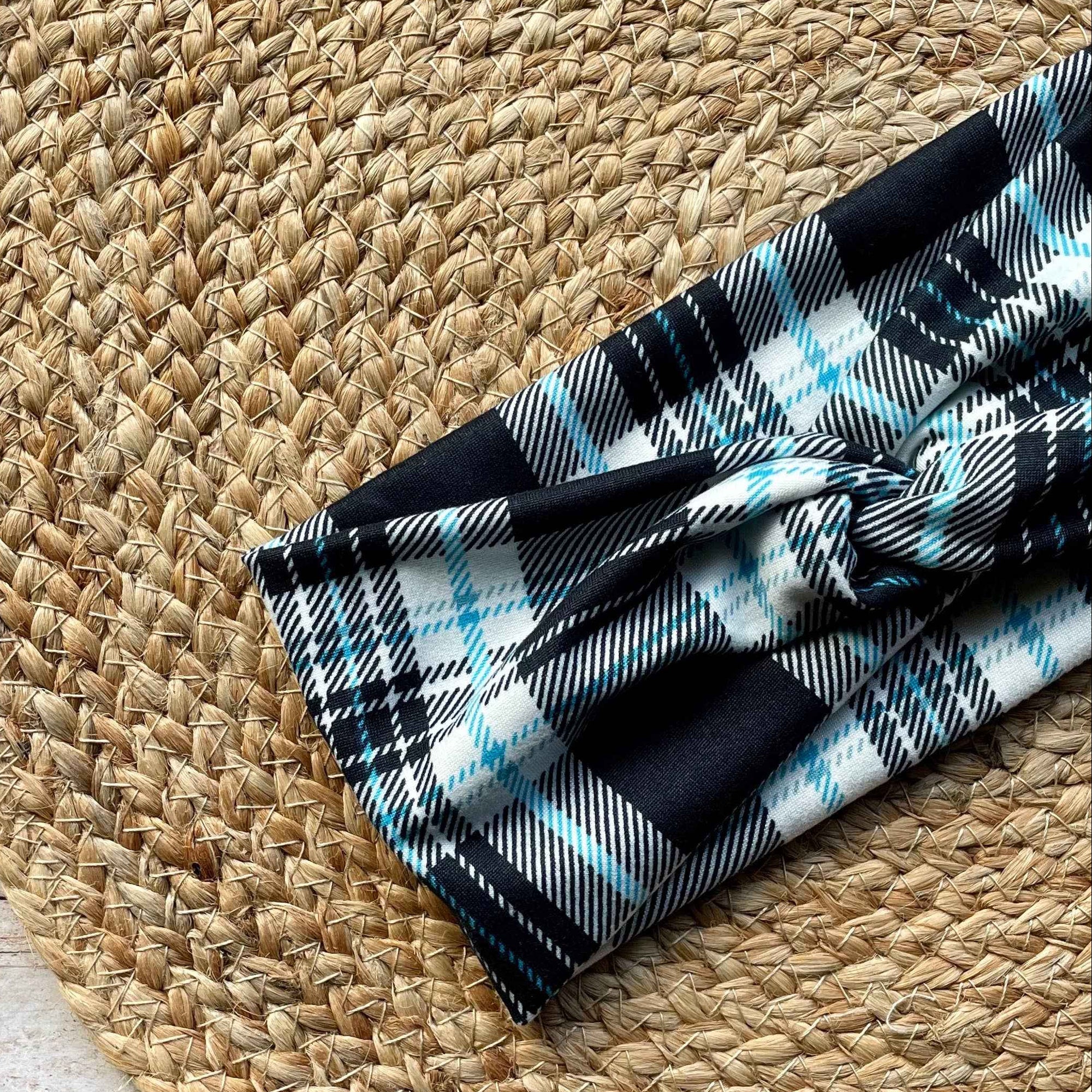 Black, Blue, and White Plaid Knit Twist Headband *