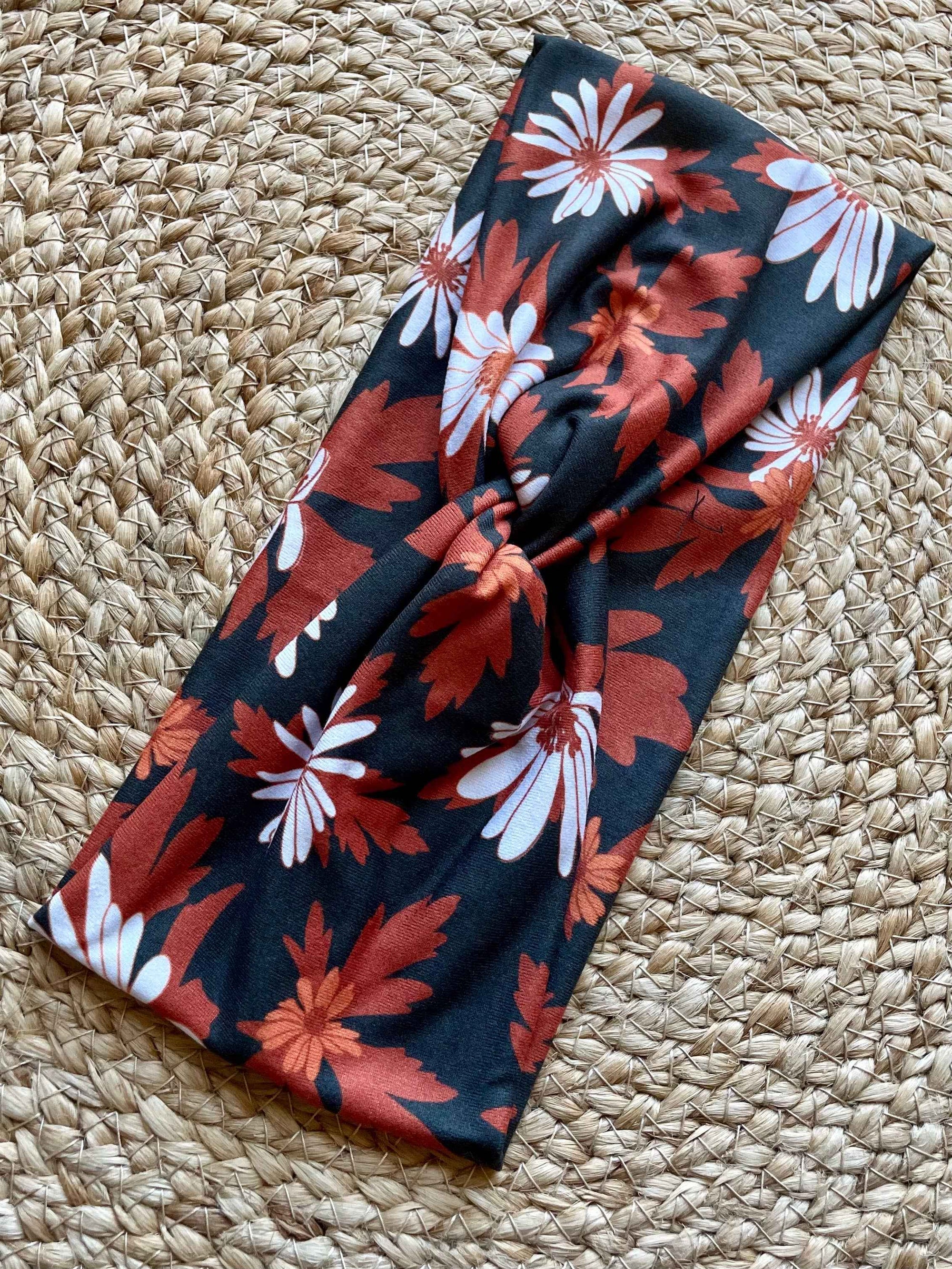 Petals on Black Knit Twist Headband