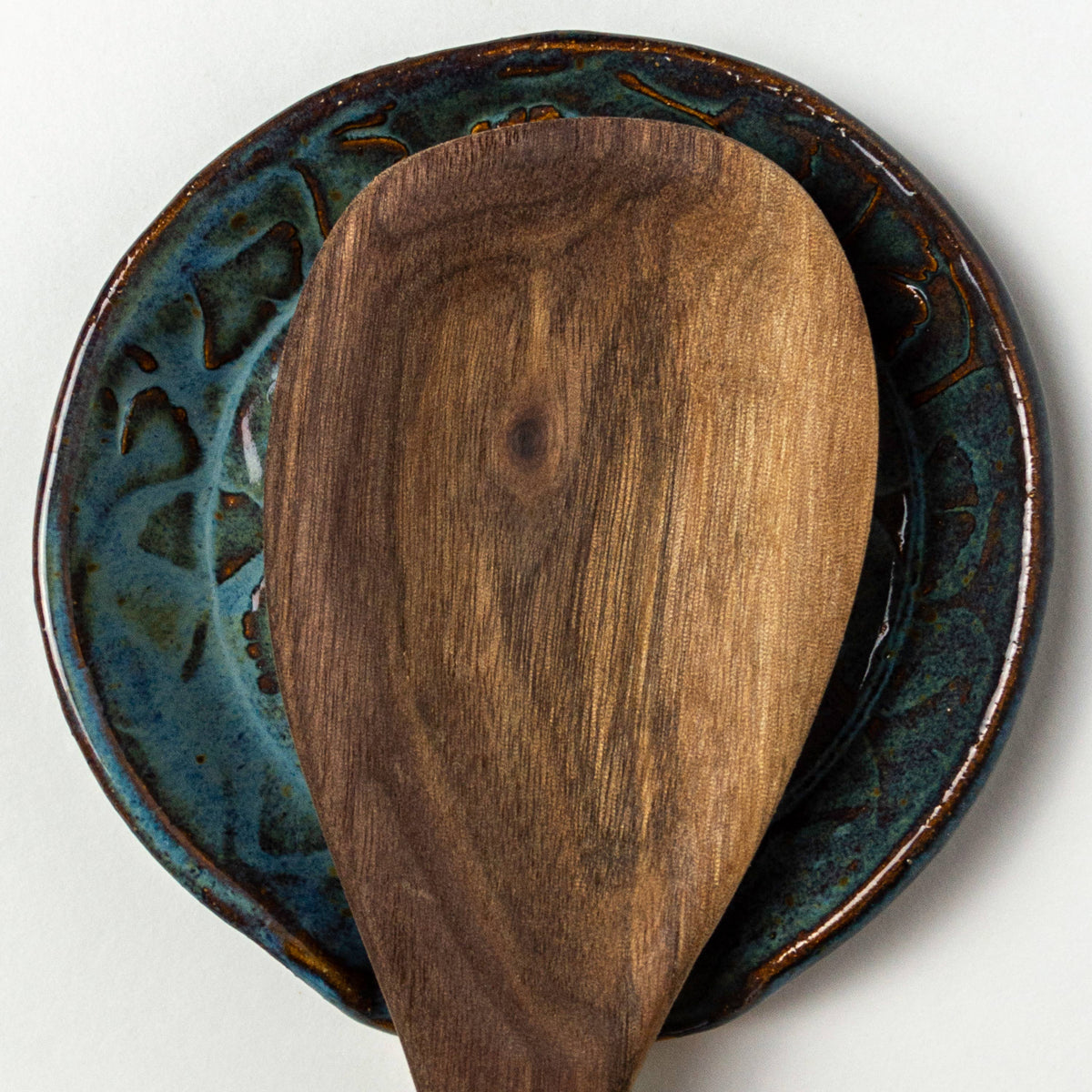 Ginkgo Patterned Blue Ceramic Kitchen Spoon Rest Handmade