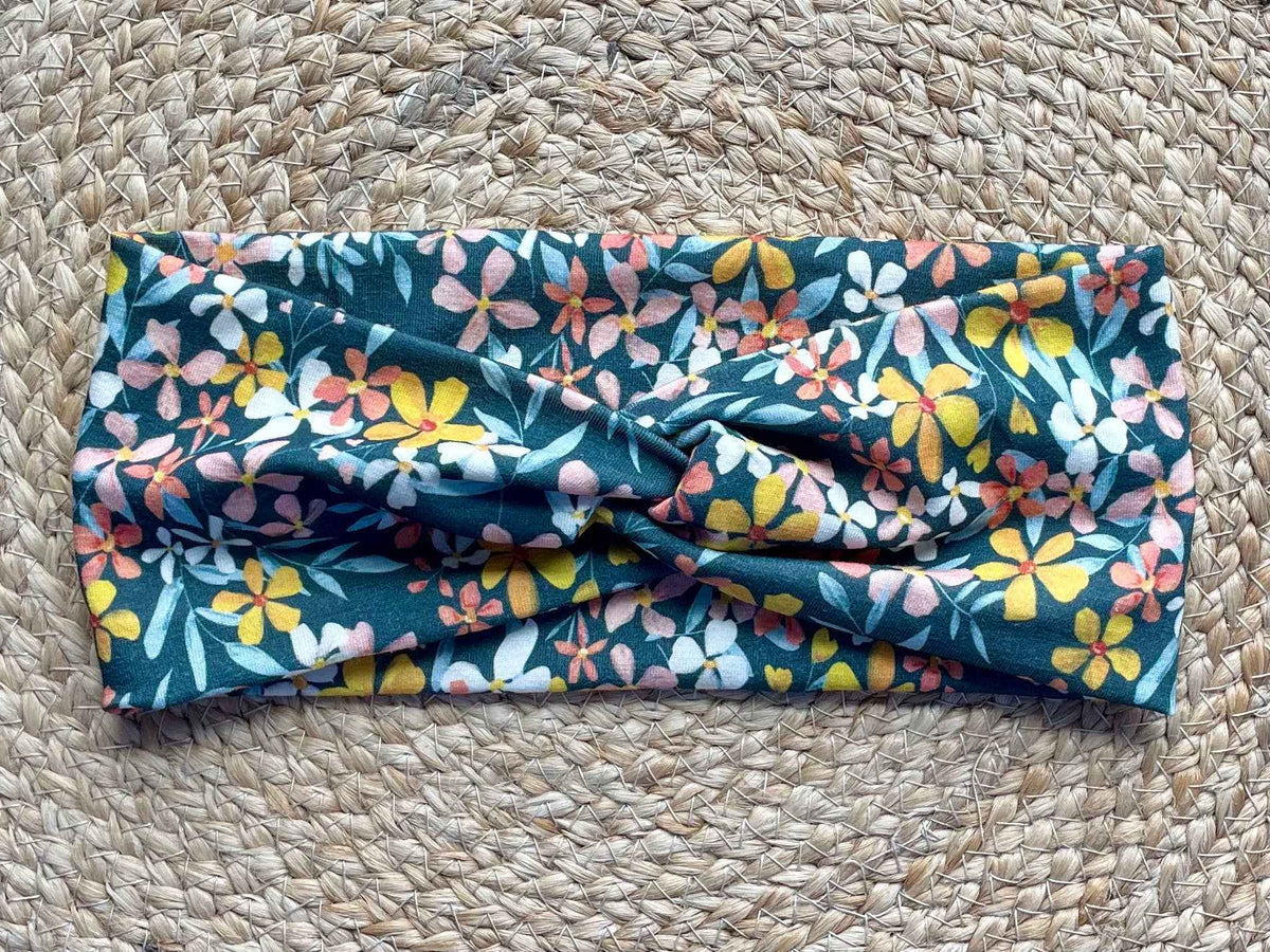 Navy Colorful Floral Knit Twist Headband