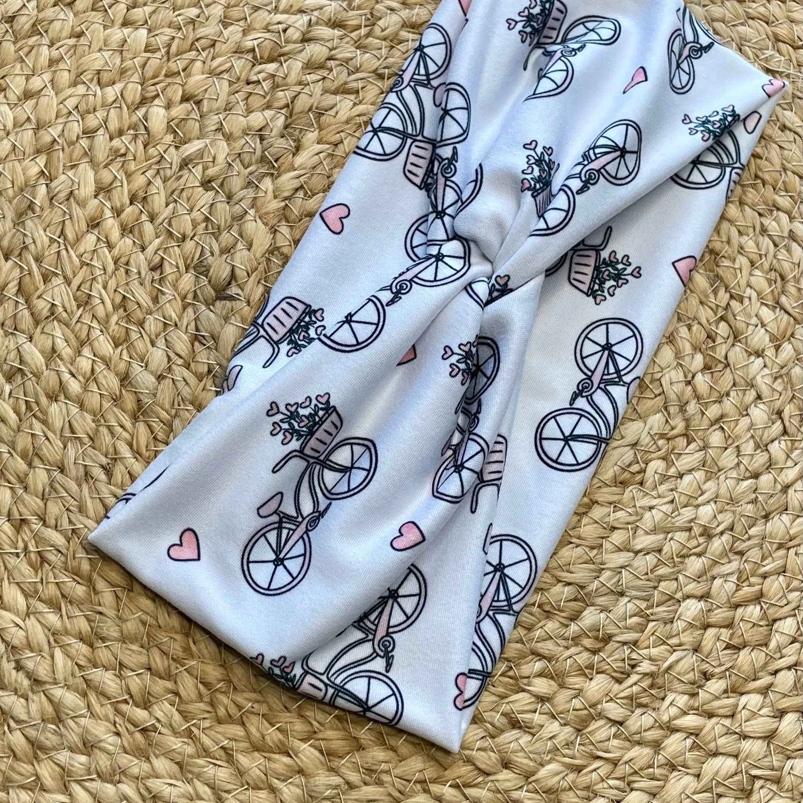 Bikes and Pink Hearts Knit Twist Headband