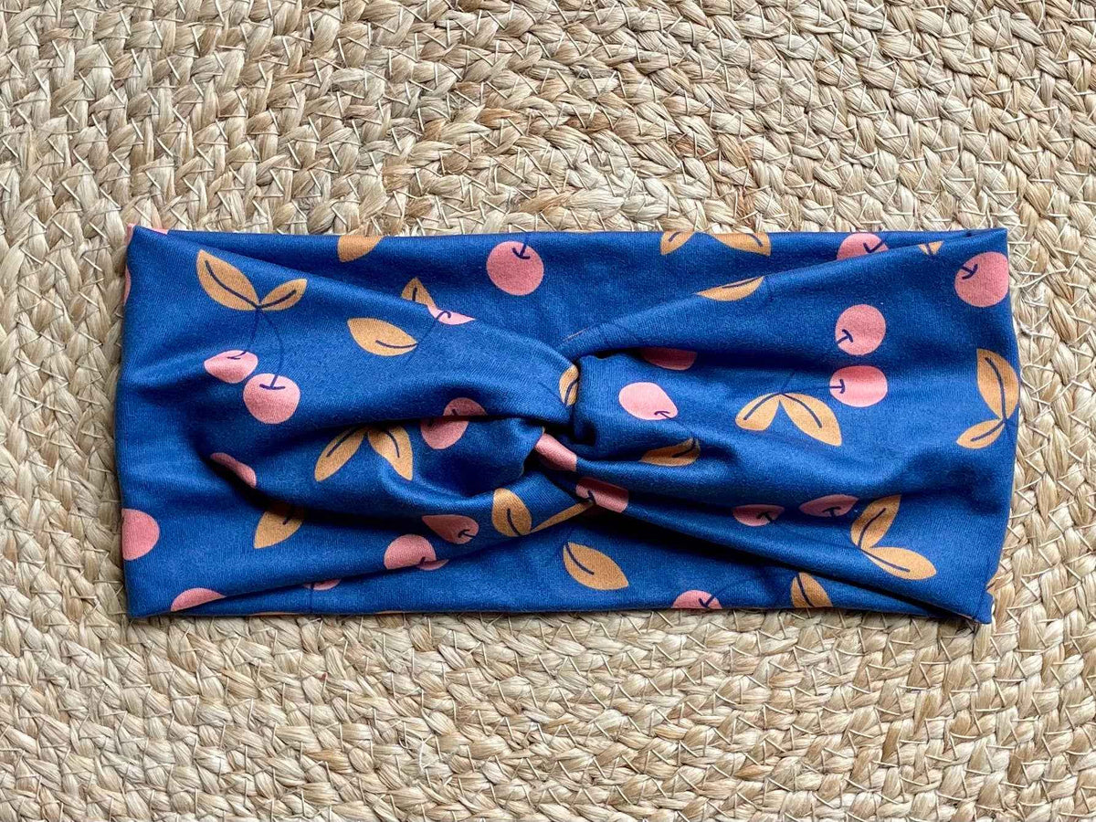 Harvest Cherries Blue Knit Twist Headband