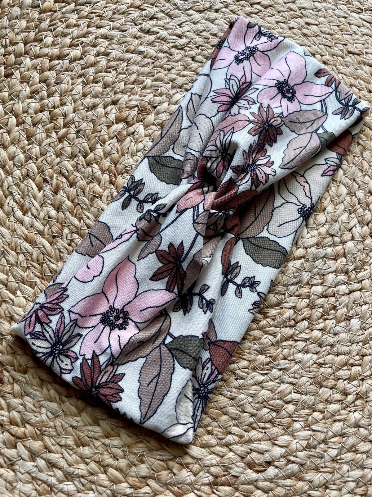 Pink and Brown Floral Knit Twist Headband