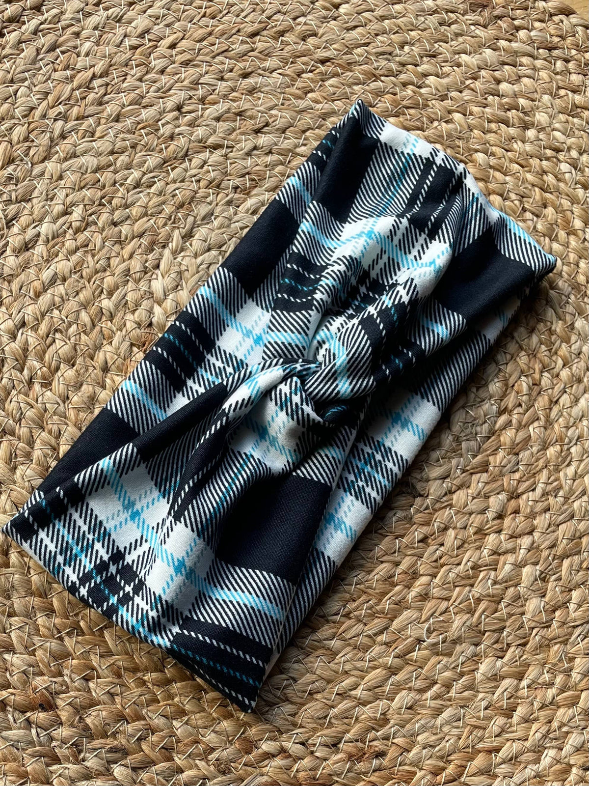 Black, Blue, and White Plaid Knit Twist Headband