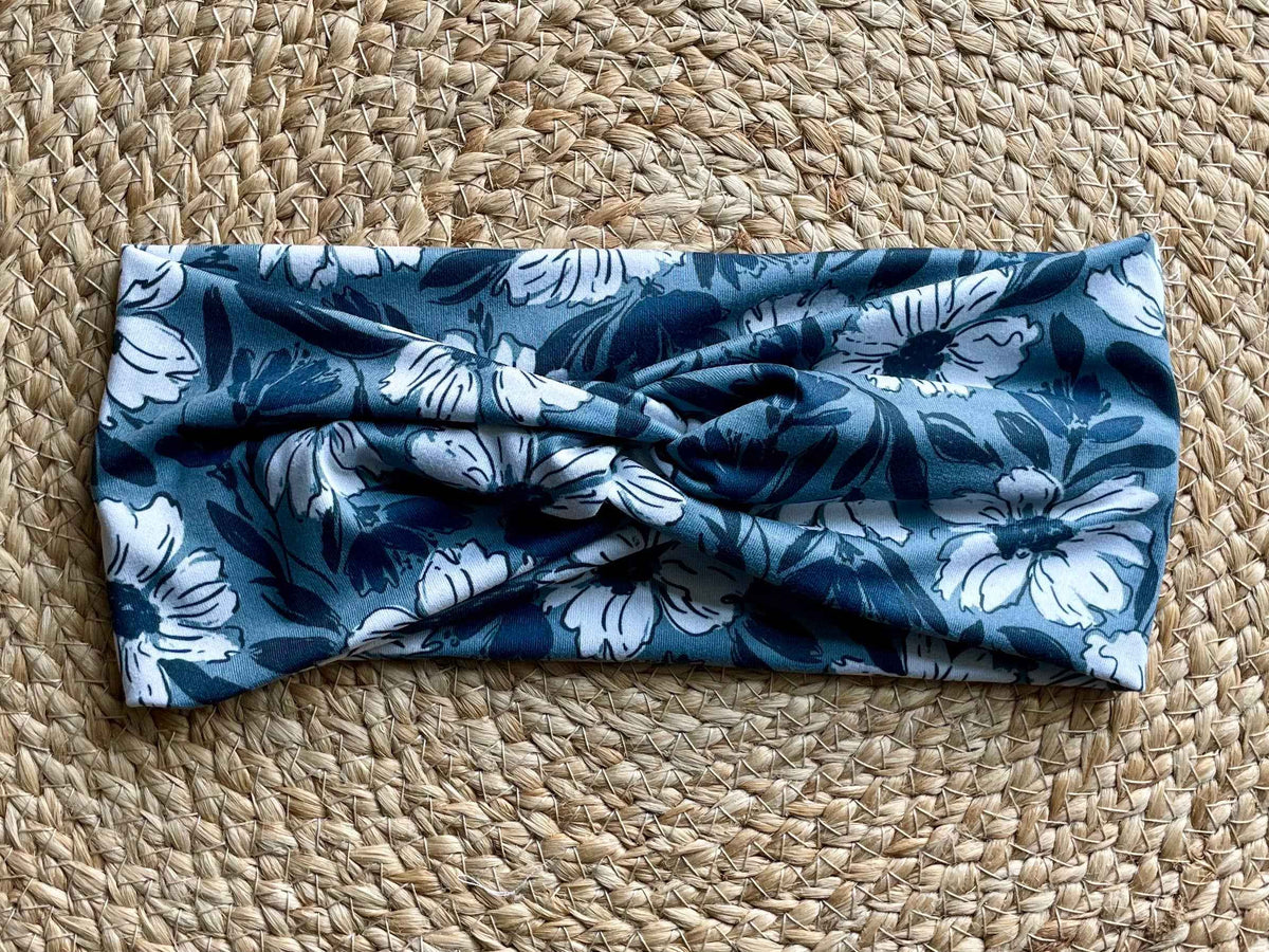Fallen Blooms Cream and Blue Knit Twist Headband