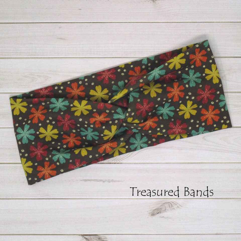 Boho Brown Natural Florals Print Knit Twist Headband