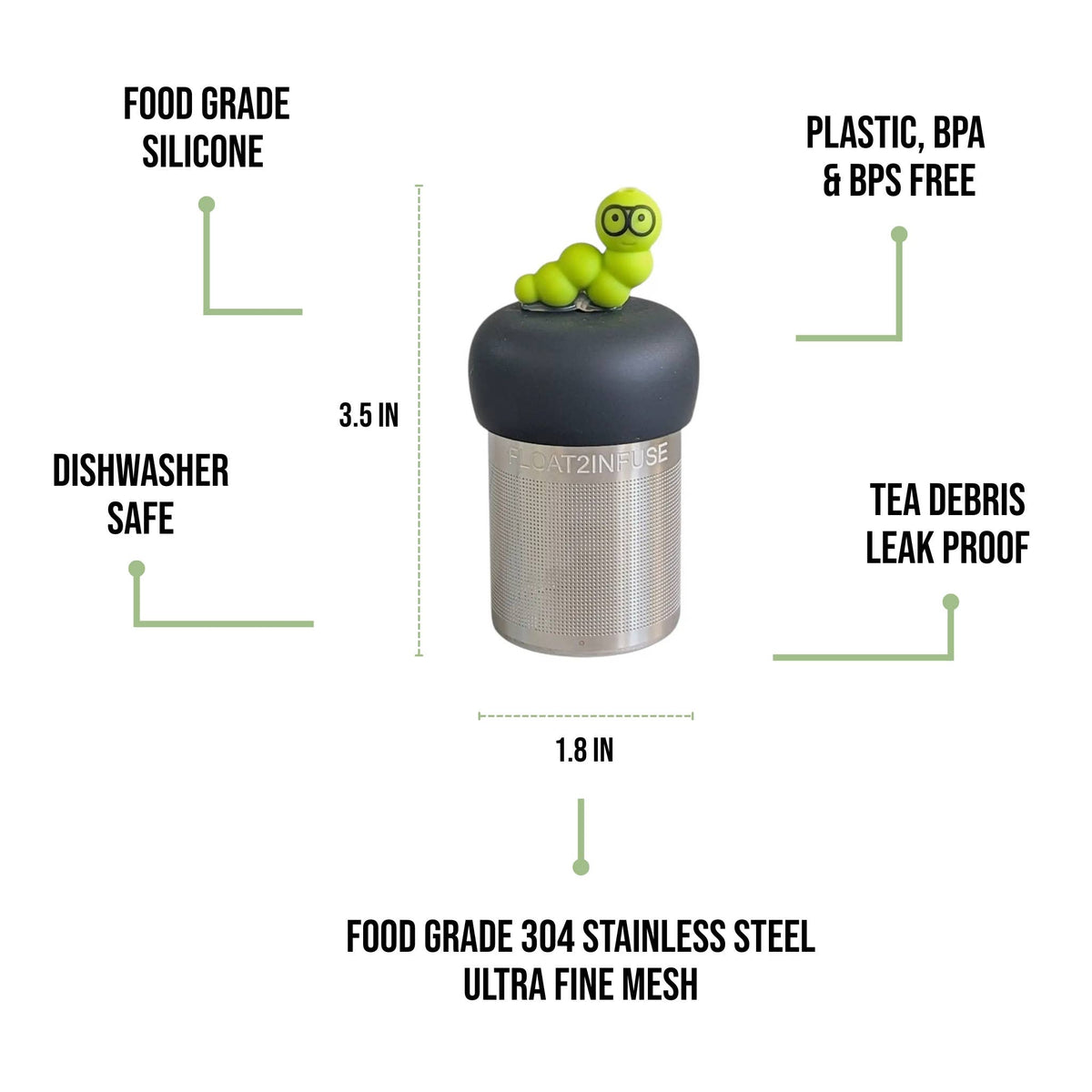 Bookworm | Floating Tea Infuser | Black Base | Green Worm