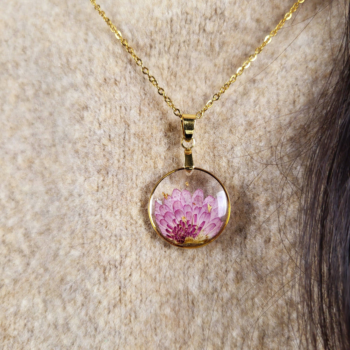 Chrysanthemum (November Birth Flower) Pressed Flower Necklace