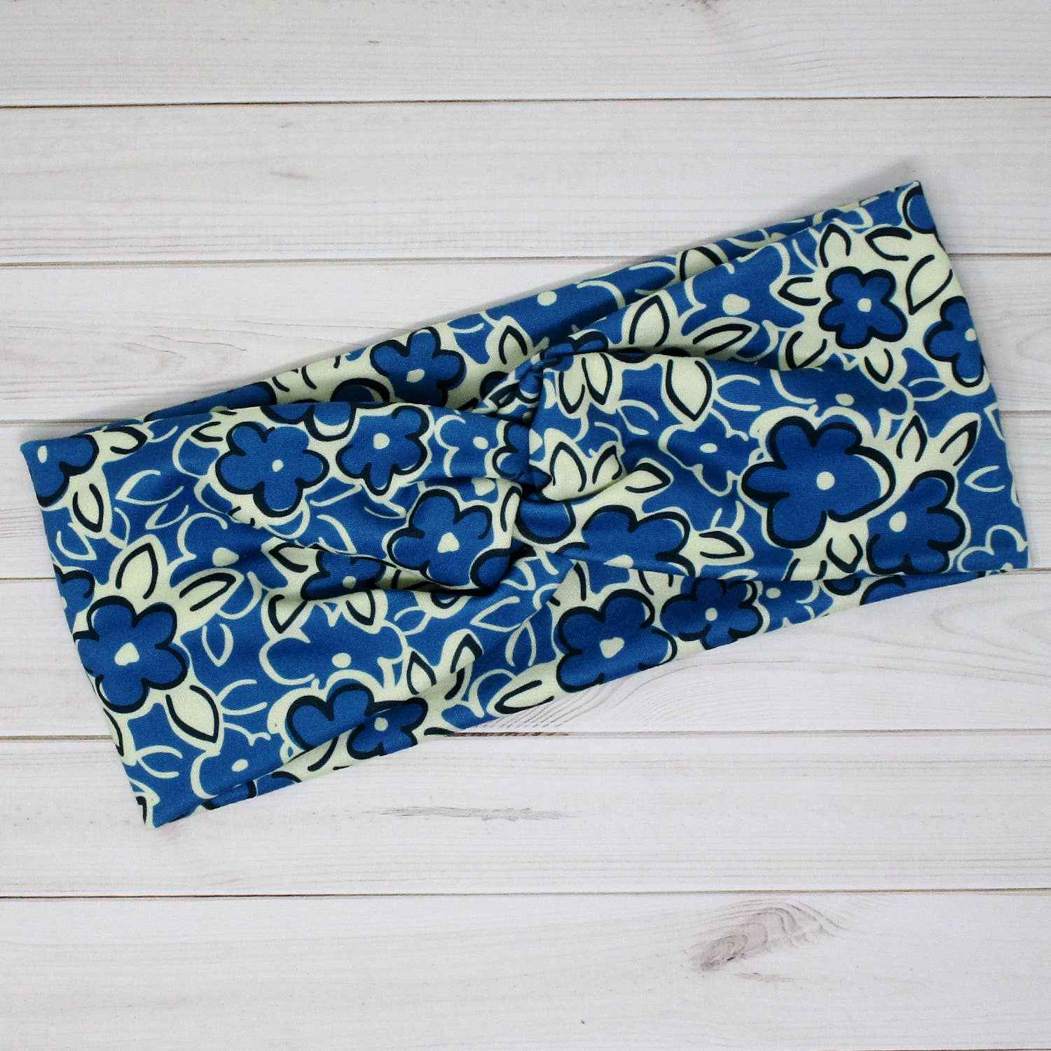 Vintage Blue on Cream Antique Floral Print Twist Headband