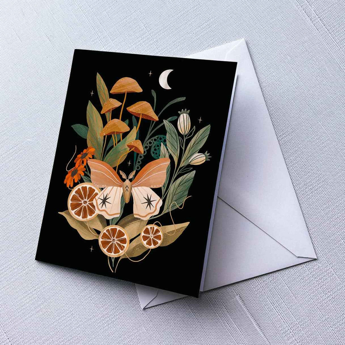 Greeting Card: Moths and Mushrooms; A2 folded, blank