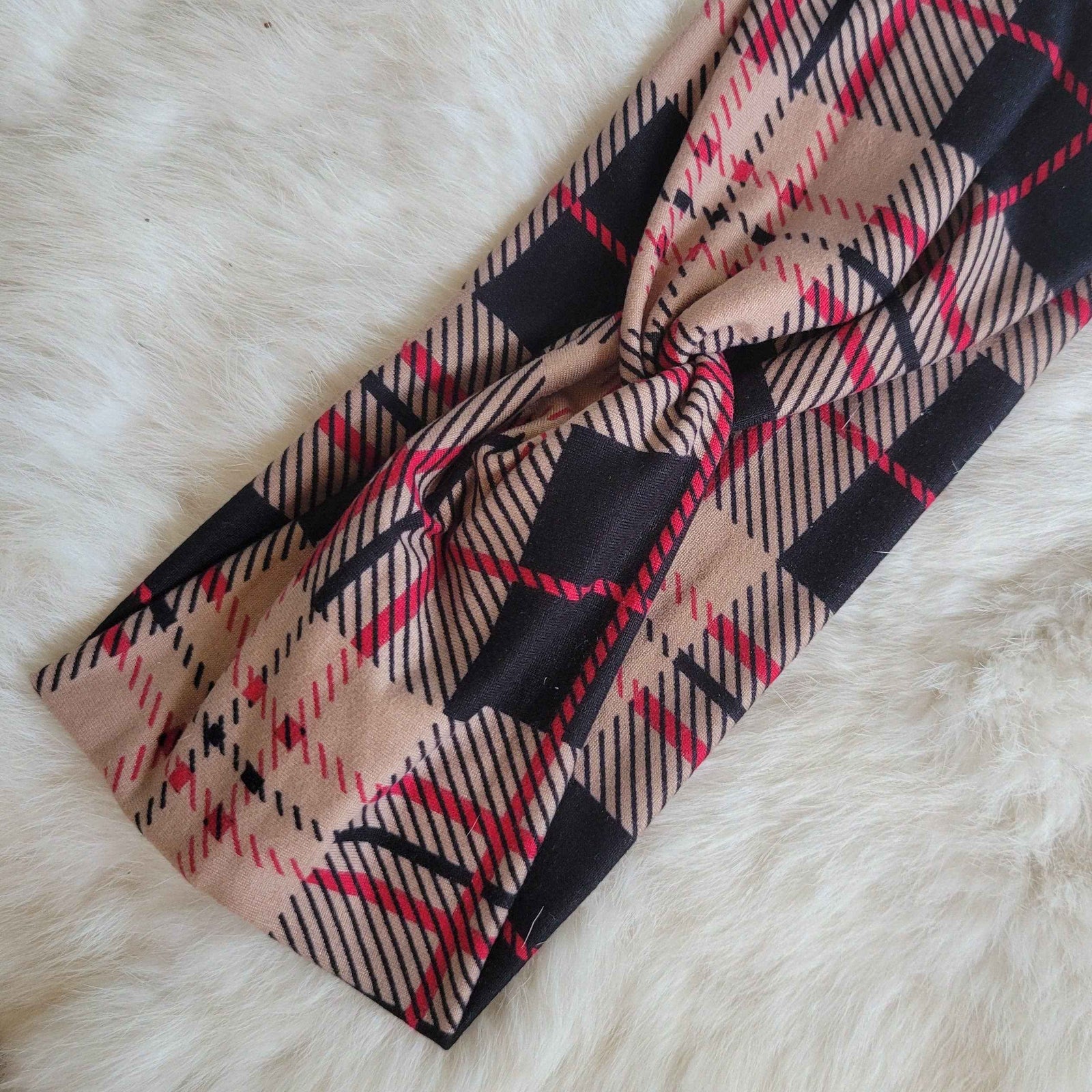 Tan Black Red Plaid Twist Knit Headbands