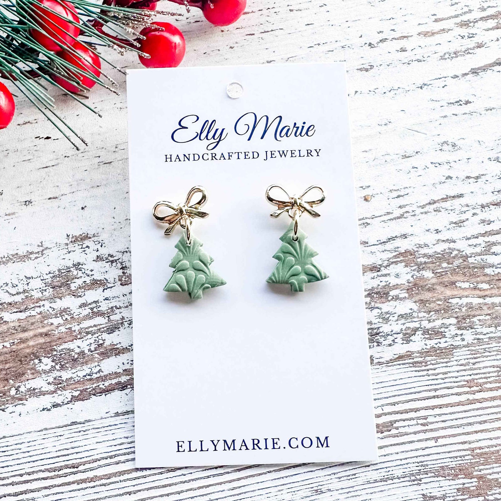 Mini Bow Tree Clay Dangles. Christmas earrings