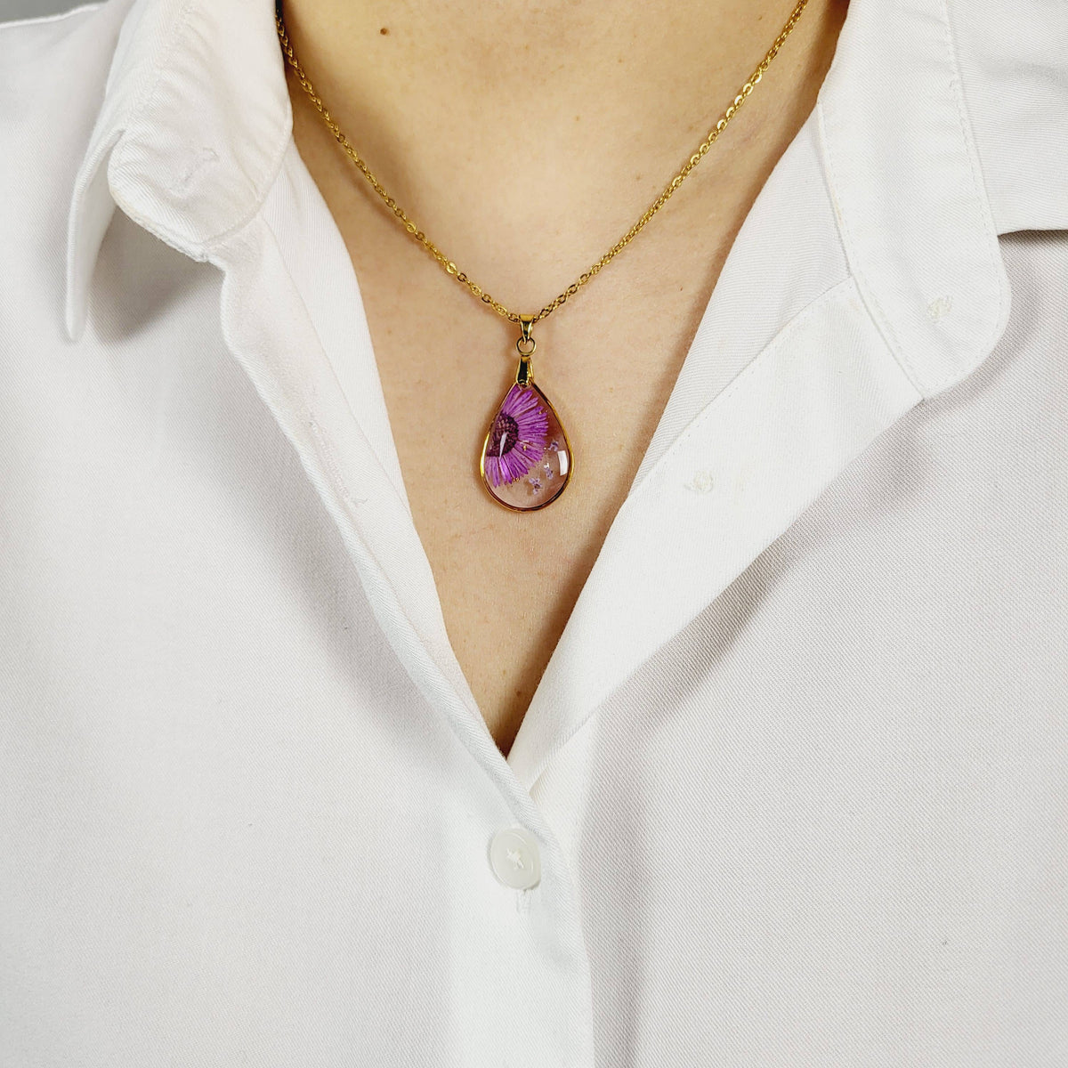 Aster (September Birth Flower) Pressed Flower Necklace