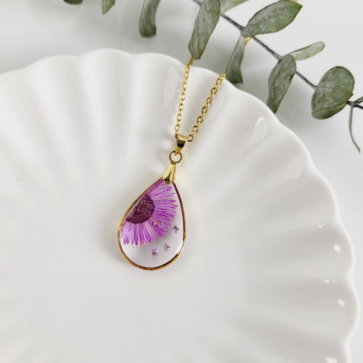 Aster (September Birth Flower) Pressed Flower Necklace