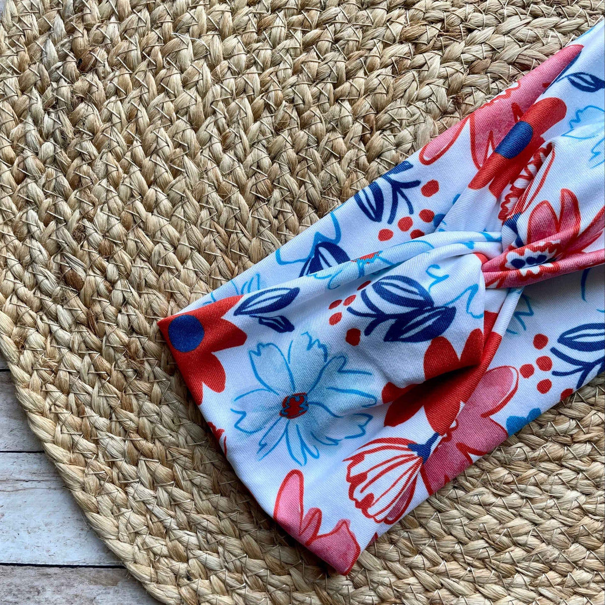 Red White Blue Floral Knit Twist Headband