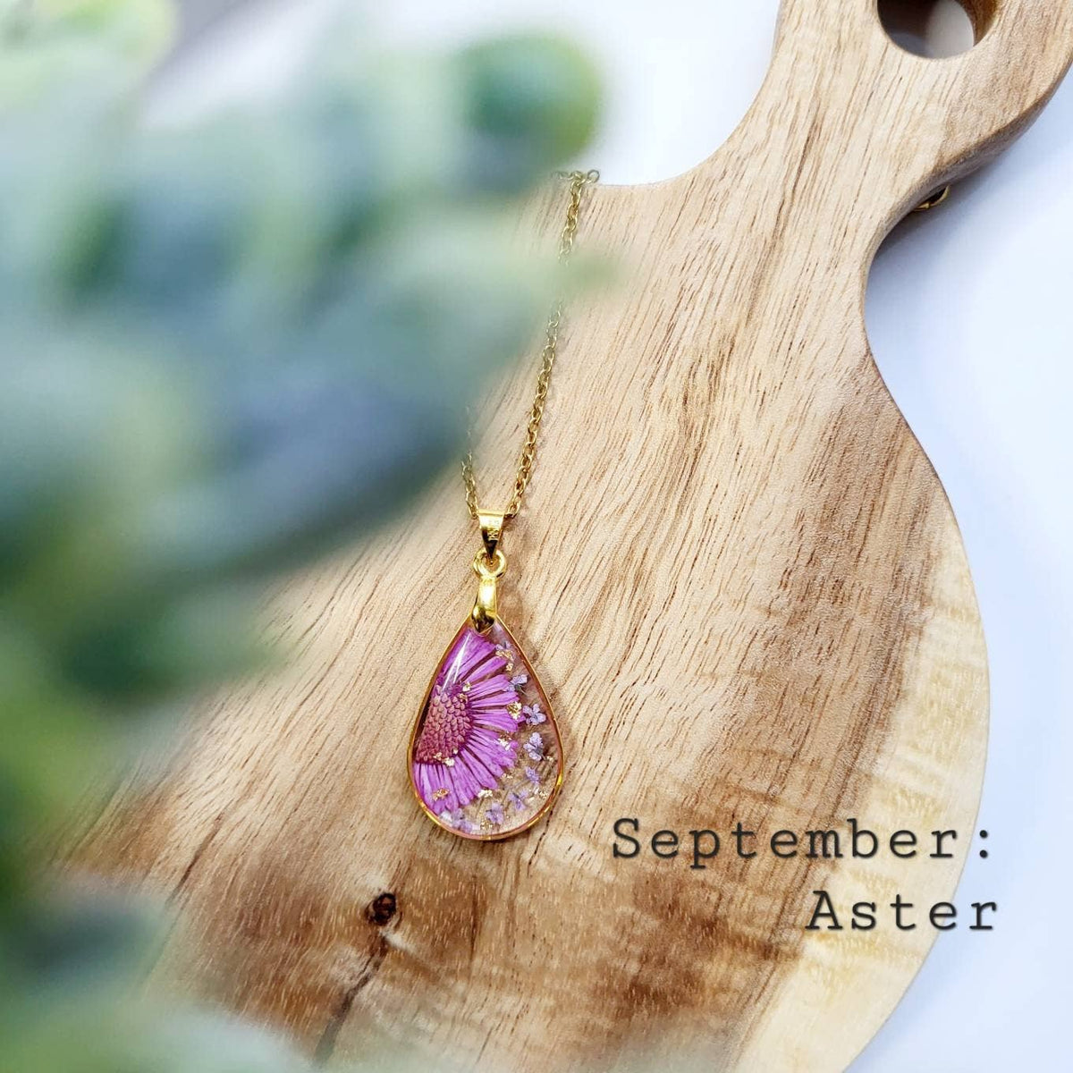 Aster (September Birth Flower) Pressed Flower Necklace