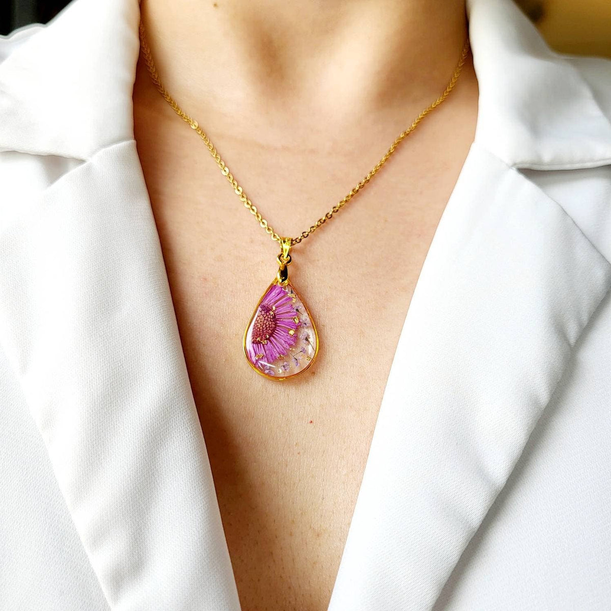 Aster (September Birth Flower) Pressed Flower Necklace