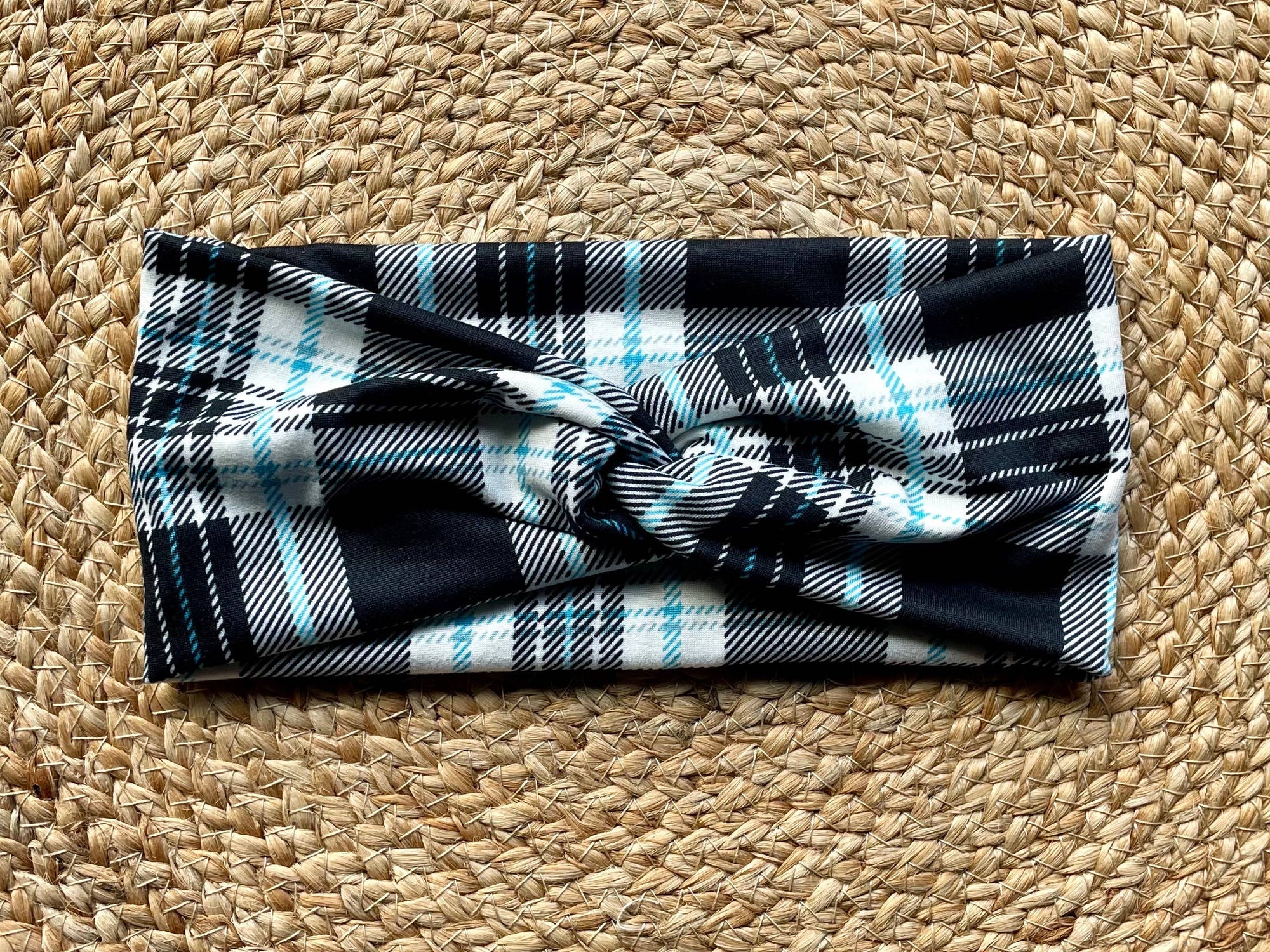 Black, Blue, and White Plaid Knit Twist Headband *