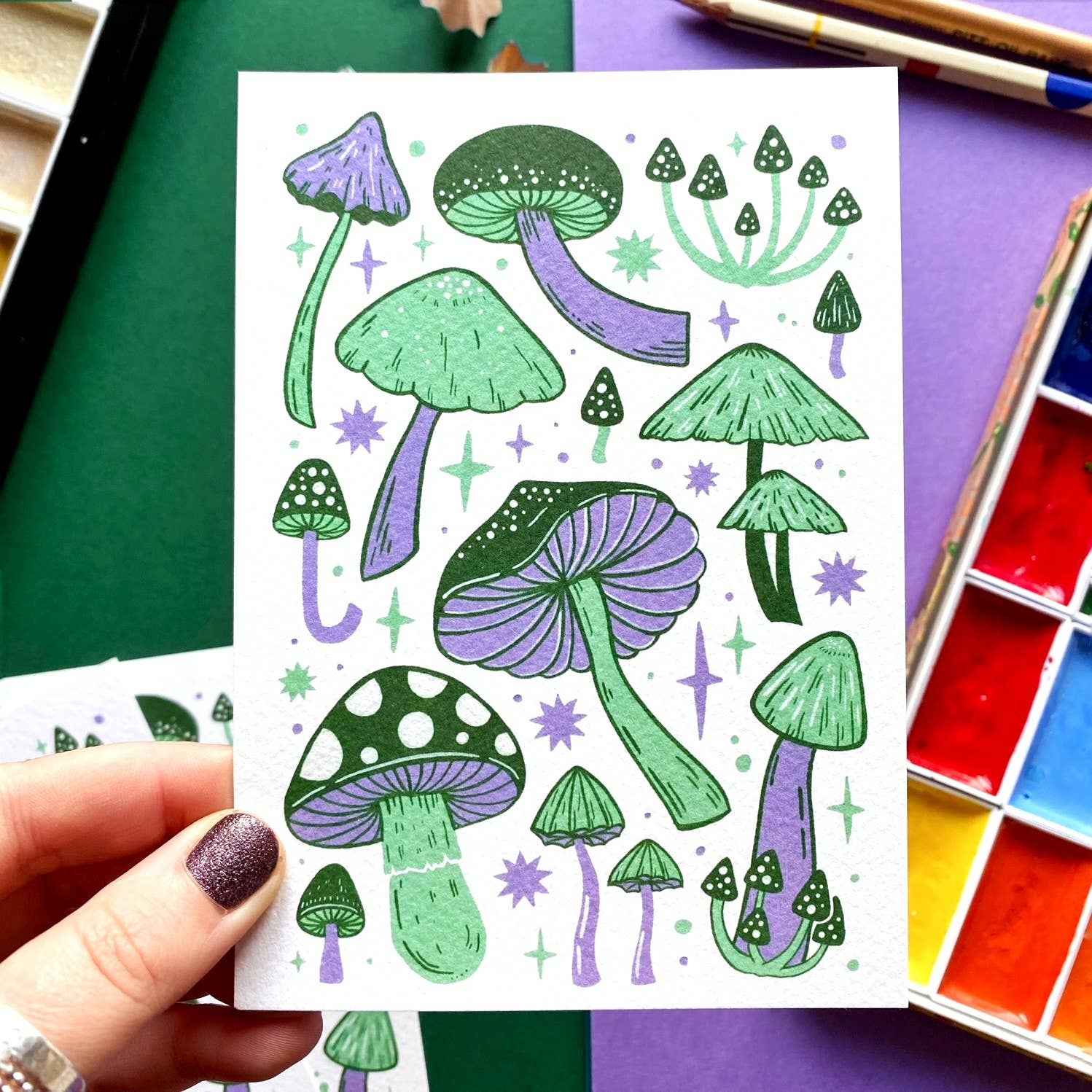 Green and Lilac Mushroom Postcard