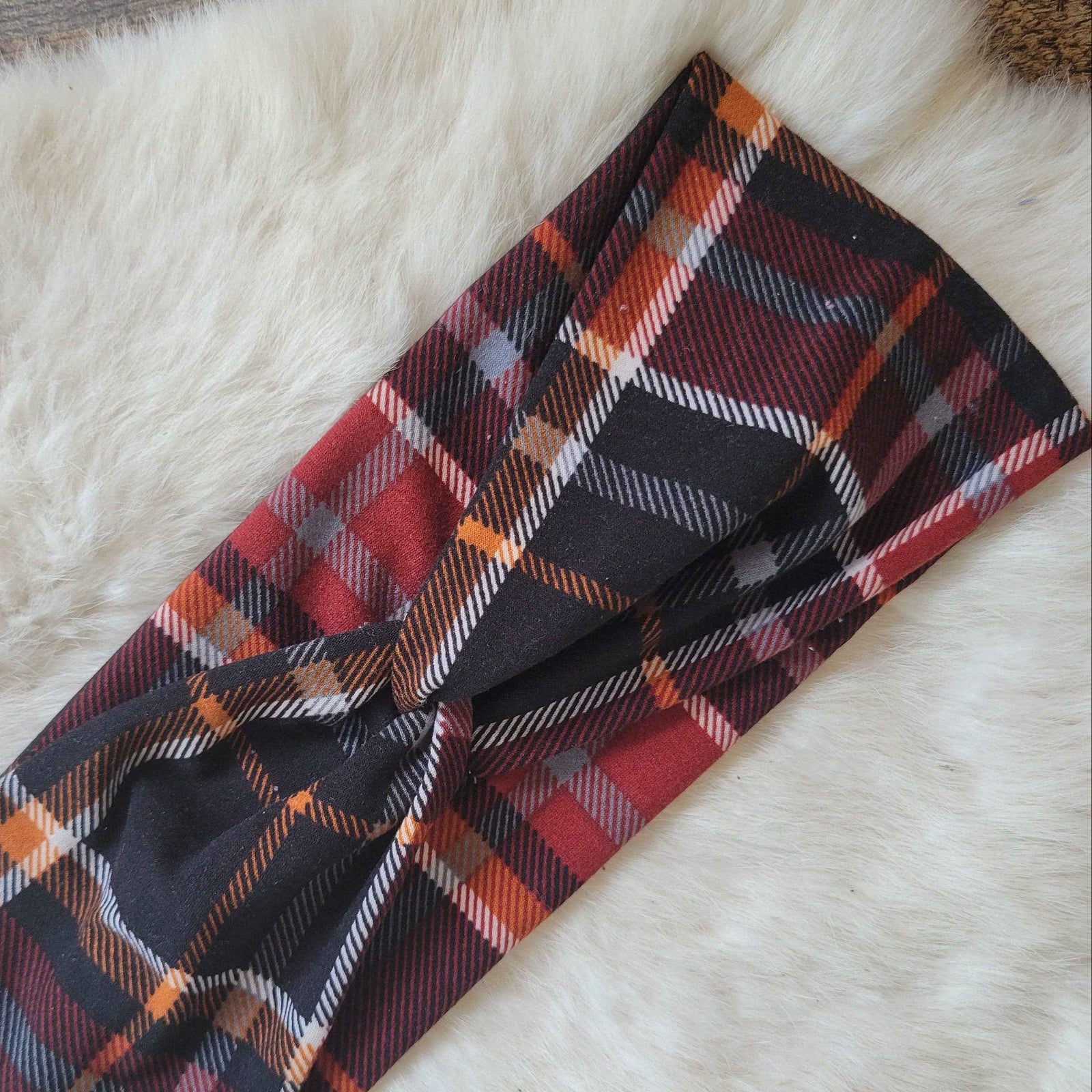 Black Orange Red Plaid Twist Knit Headbands