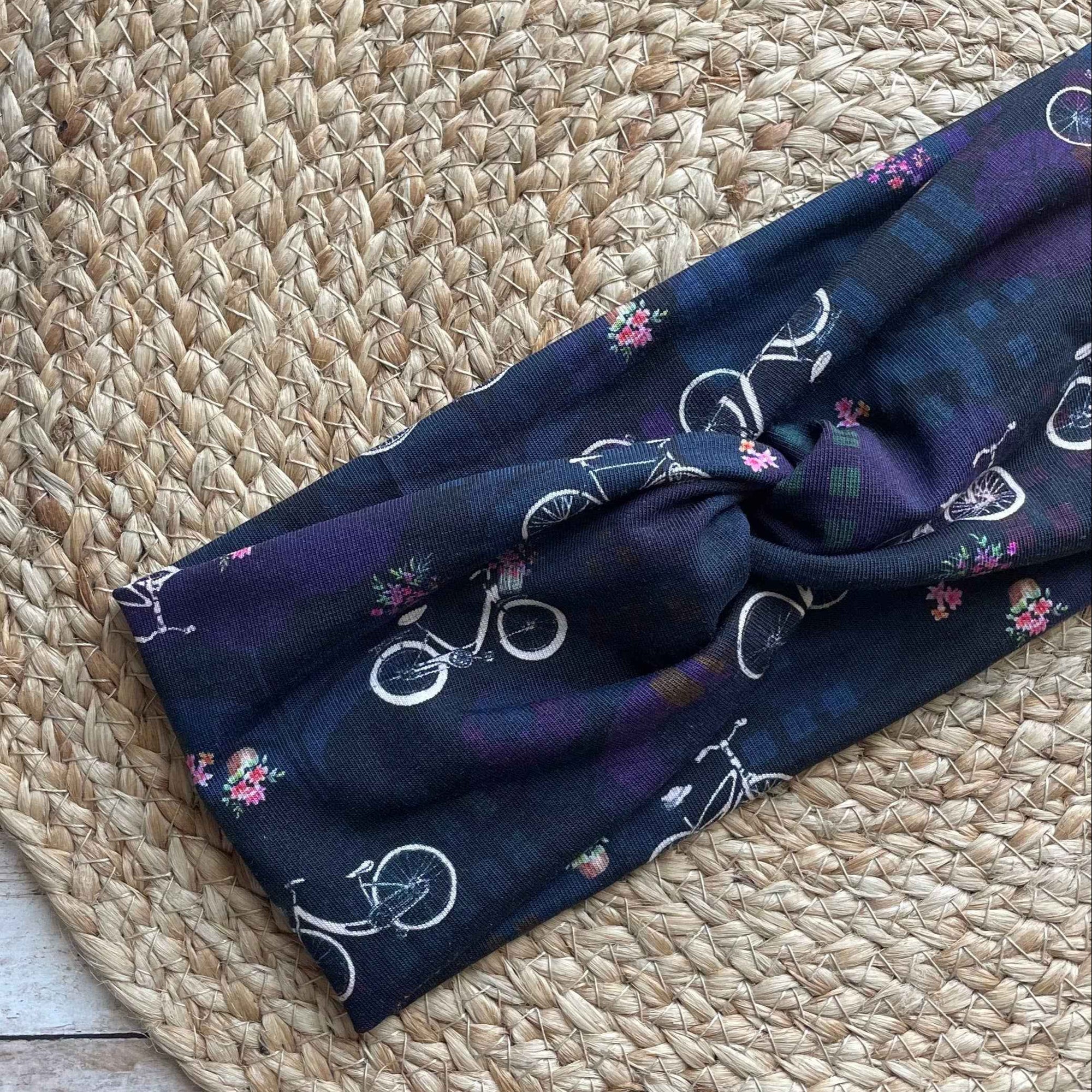 Navy Bikes with Flowers Knit Twist Headband
