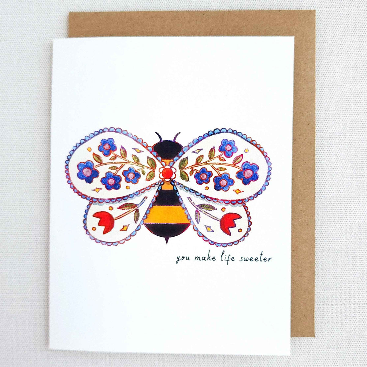 Floral bee greeting card - you make life sweeter