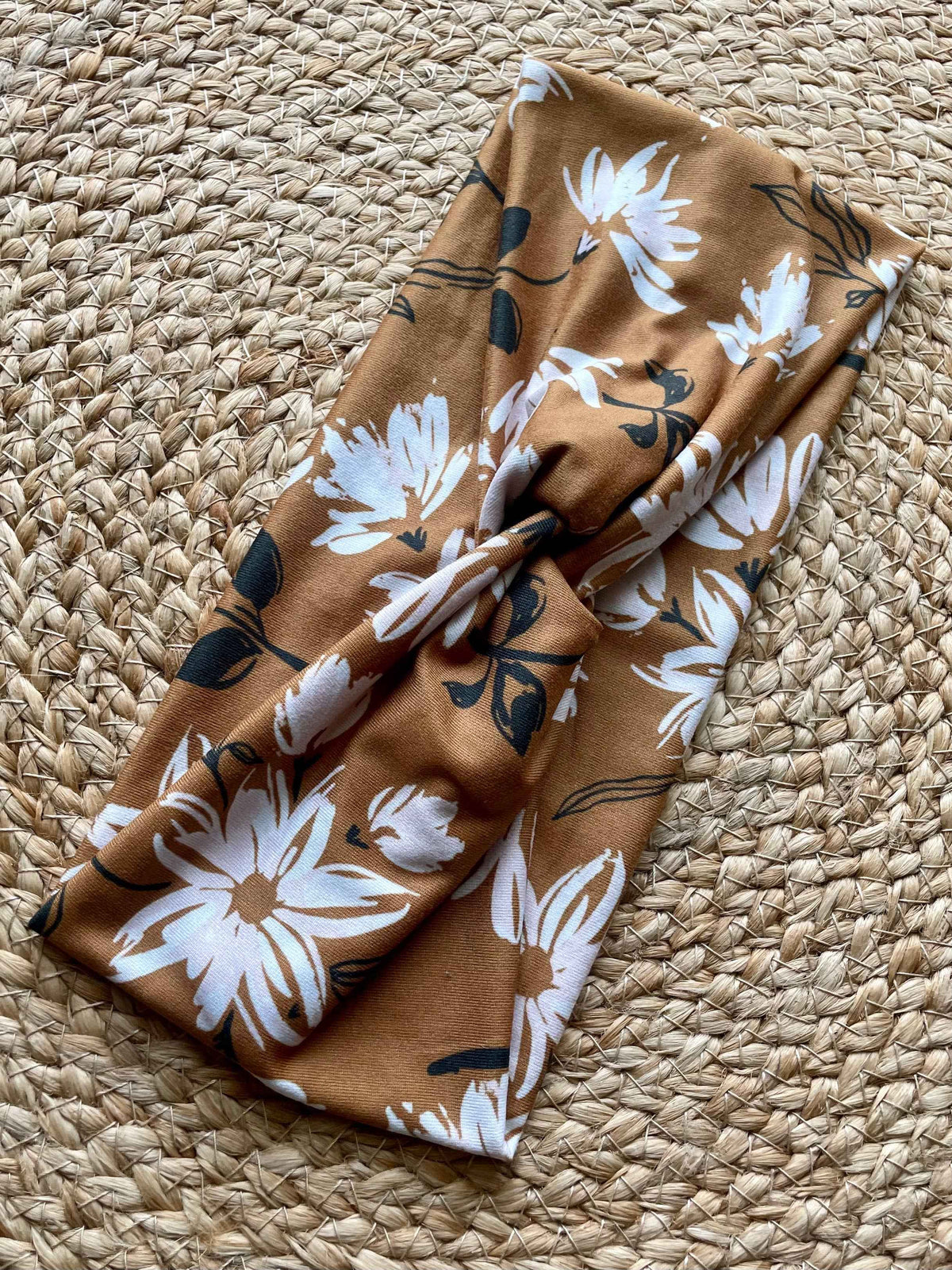 Elegant Caramel Floral Knit Twist Headband