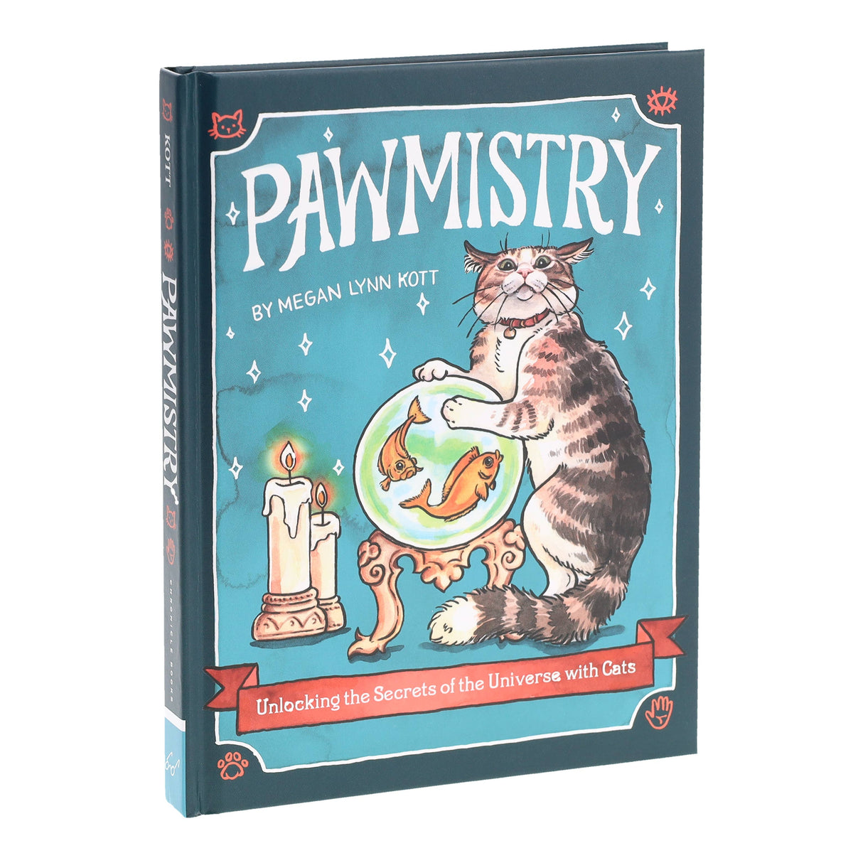 Book titled 'Pawmistry' with a cat and fishbowl illustration on the cover.