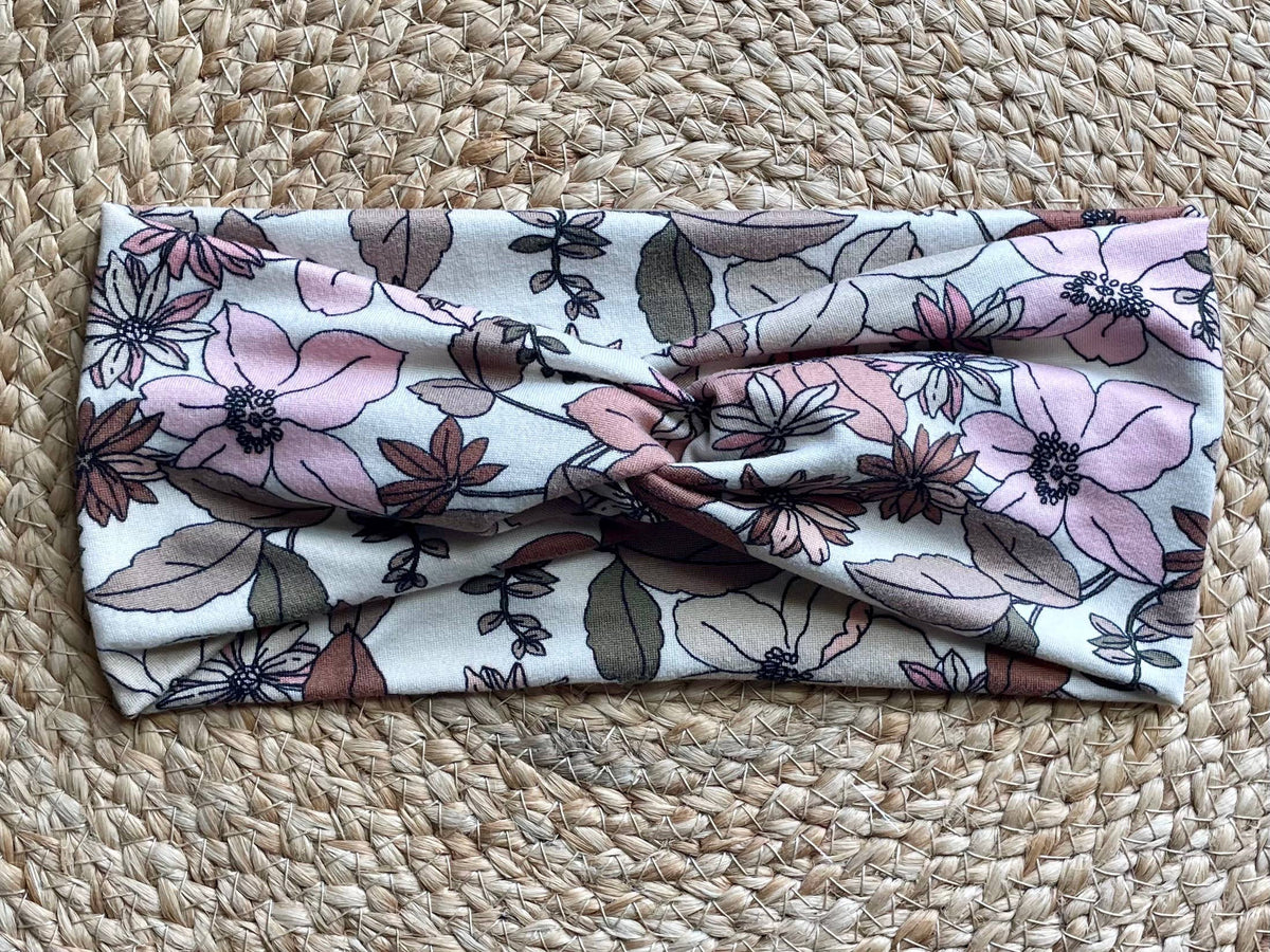 Pink and Brown Floral Knit Twist Headband