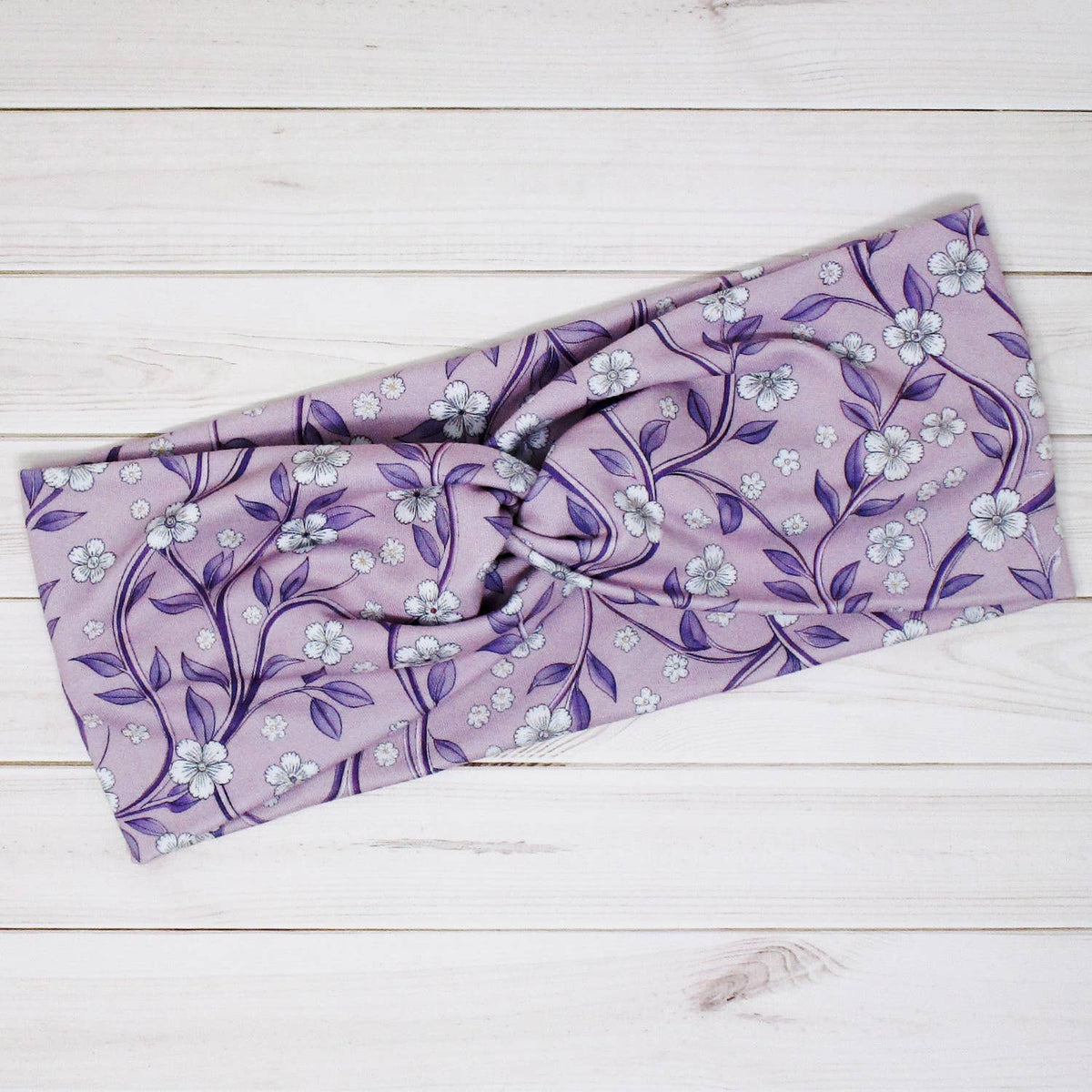 White Flowers on Purple Vintage Floral Print Twist Headband