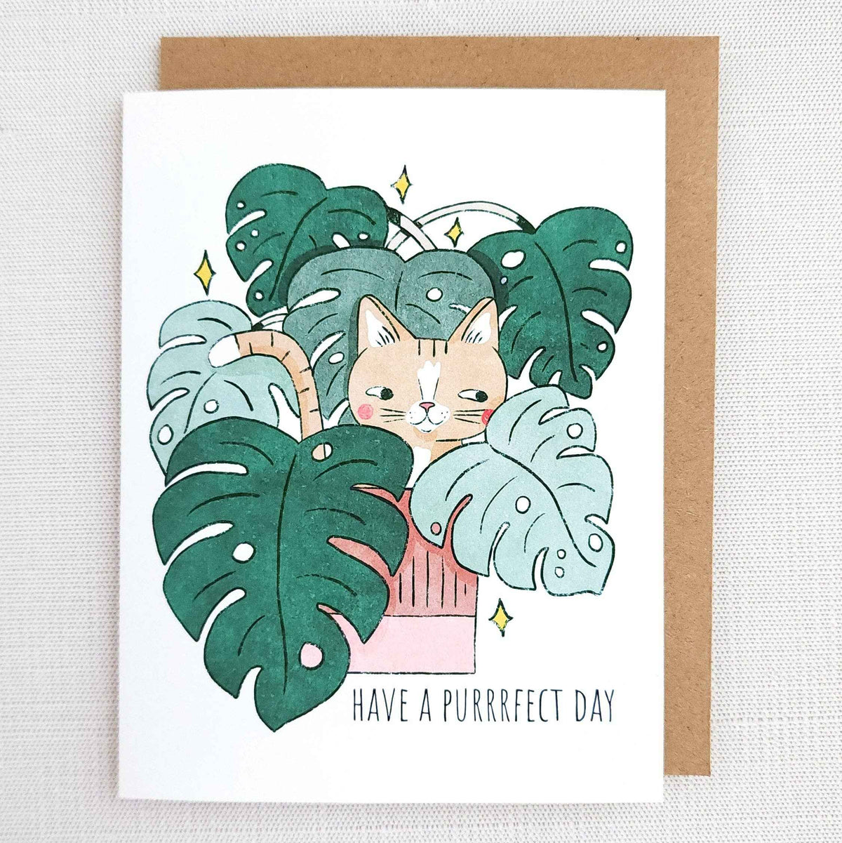 Cat in monstera greeting card - have a purrrfect day