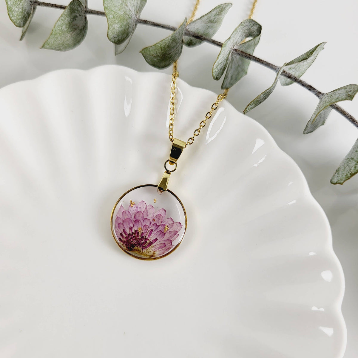 Chrysanthemum (November Birth Flower) Pressed Flower Necklace