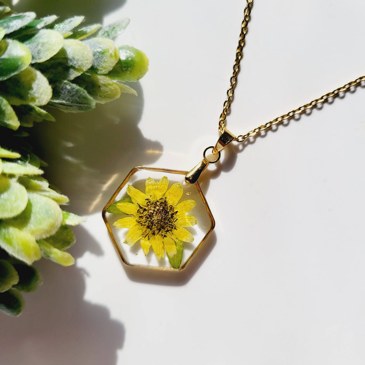 Sunflower | Hexagon Pressed Flower Necklace