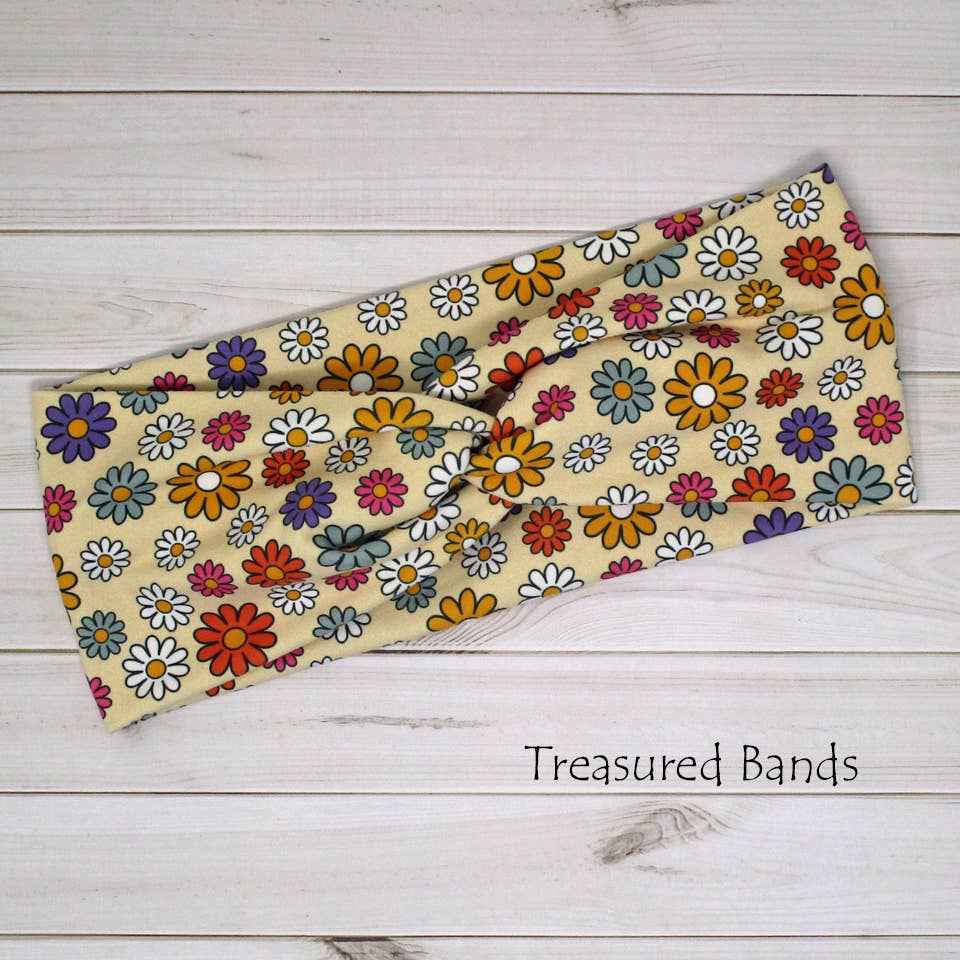 Boho Cute Fun Florals on Natural Print Knit Twist Headband