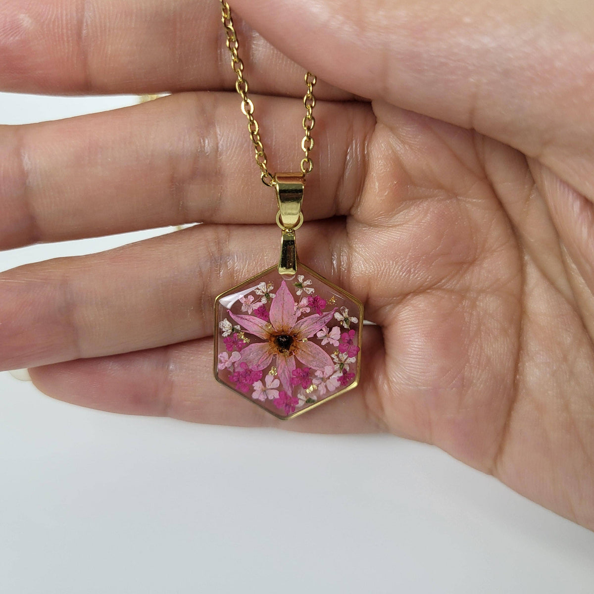 Pink Star Flower | Gold Hexagon Pressed Flower Necklace