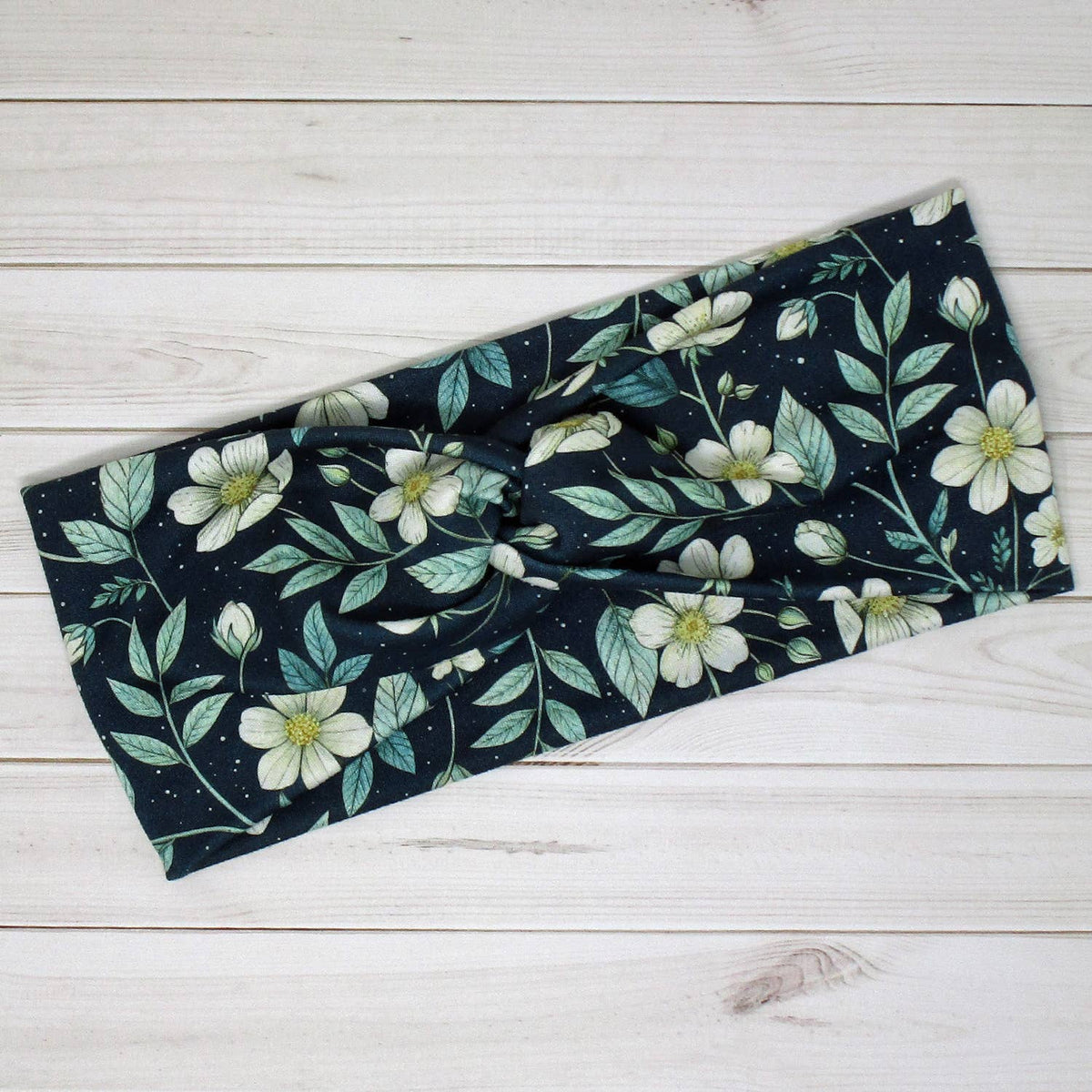 Floral Blossoms on Navy Soft Knit Print Twist Headband