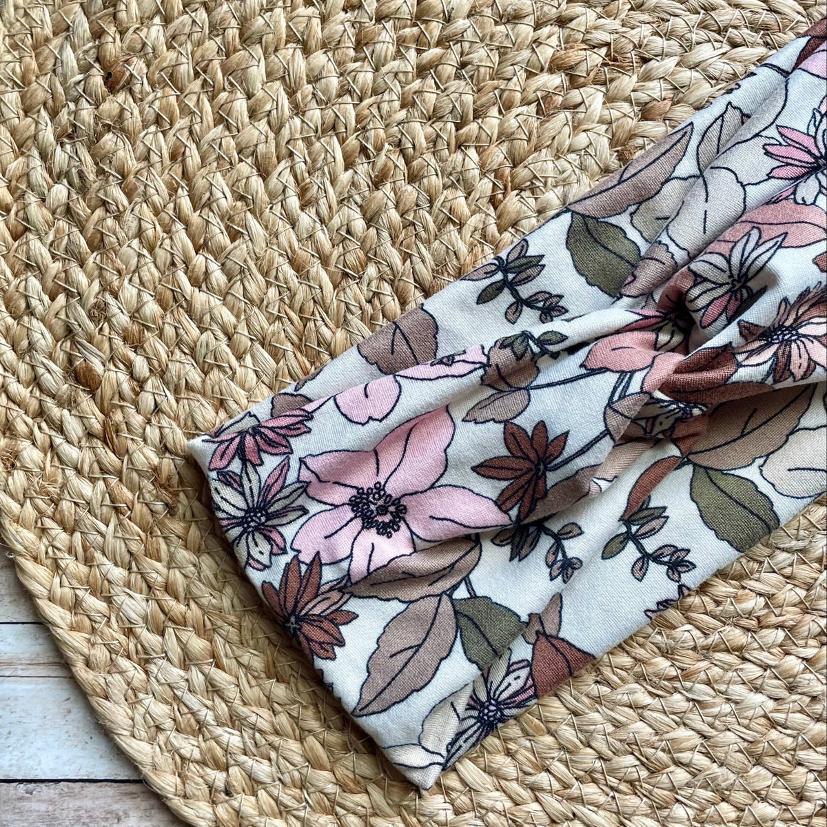 Pink and Brown Floral Knit Twist Headband