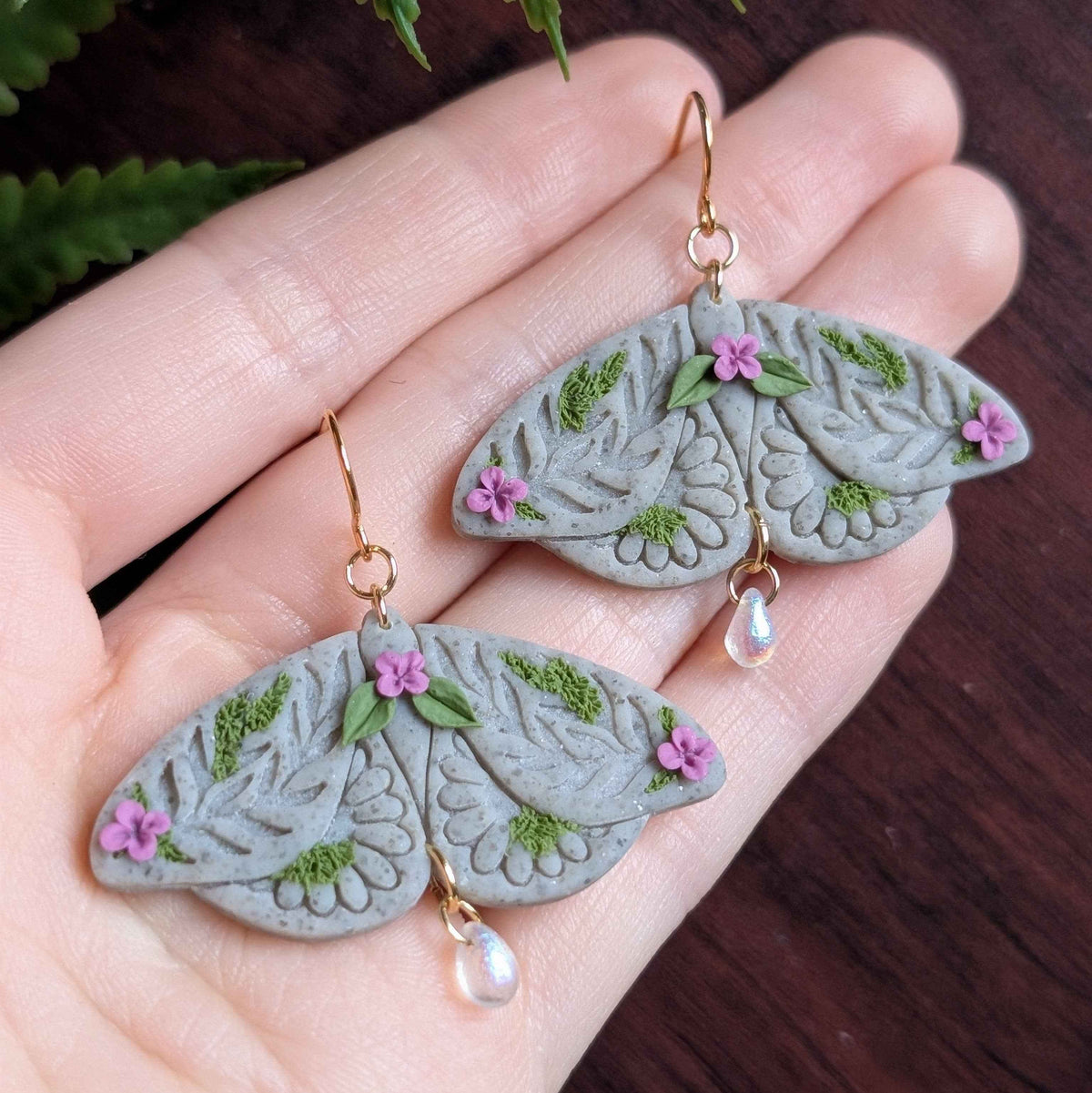 Floral Mossy Moths Dangle Earrings