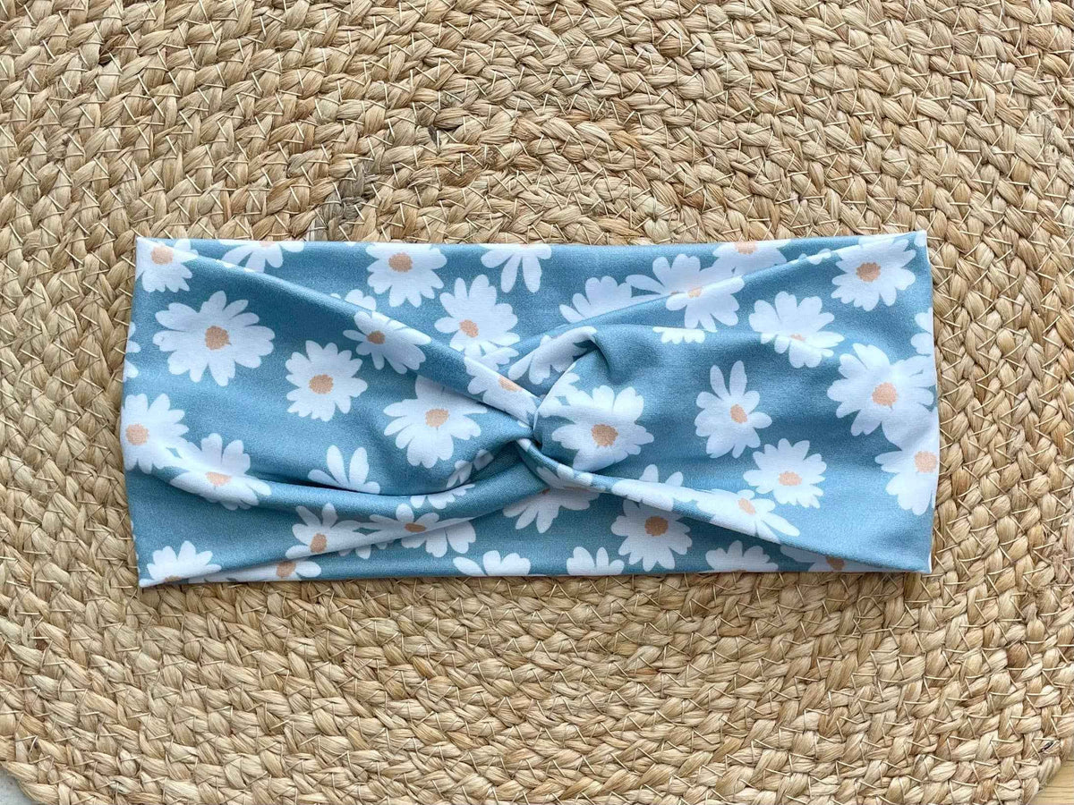 Blue Nordic Flowers Knit Twist Headband