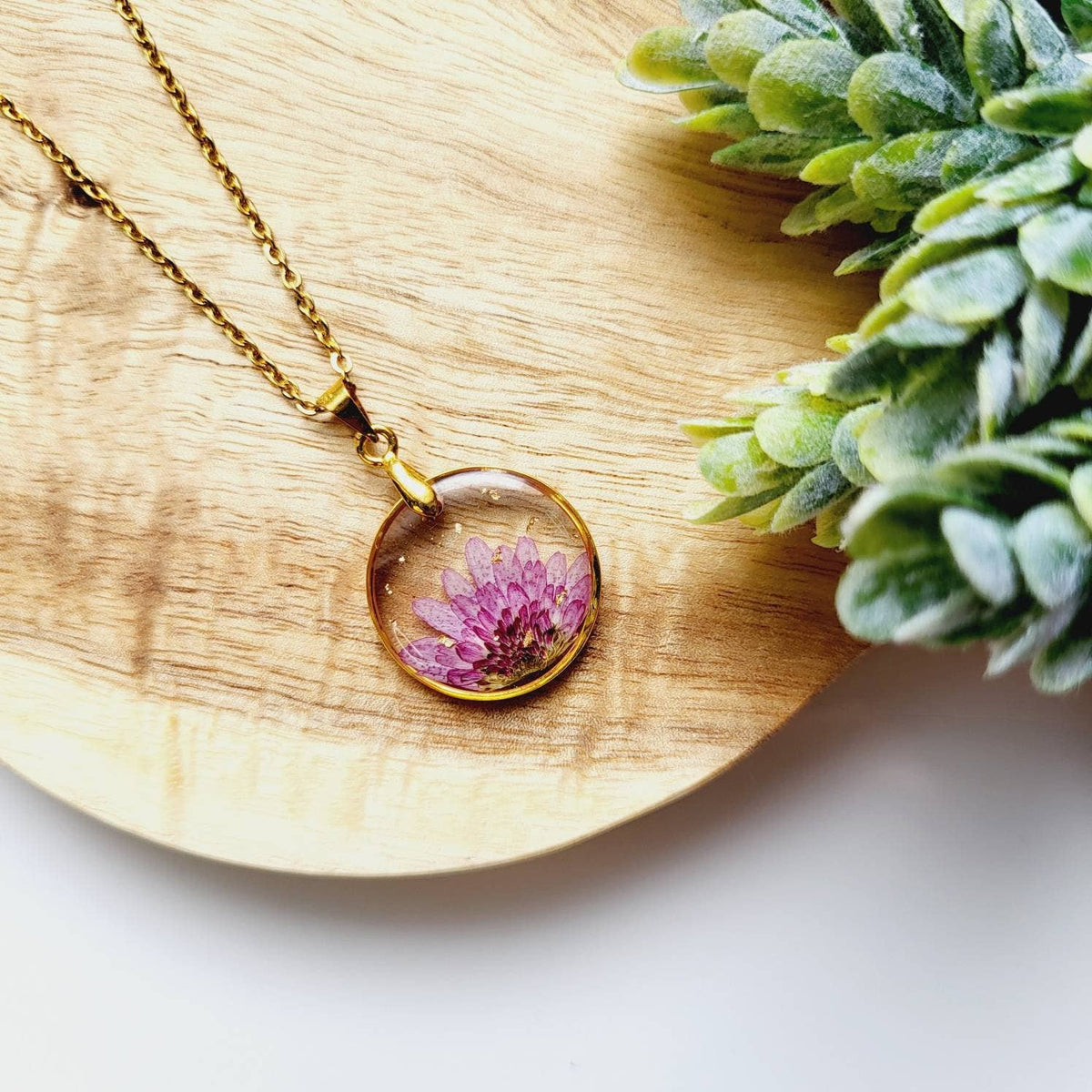 Chrysanthemum (November Birth Flower) Pressed Flower Necklace