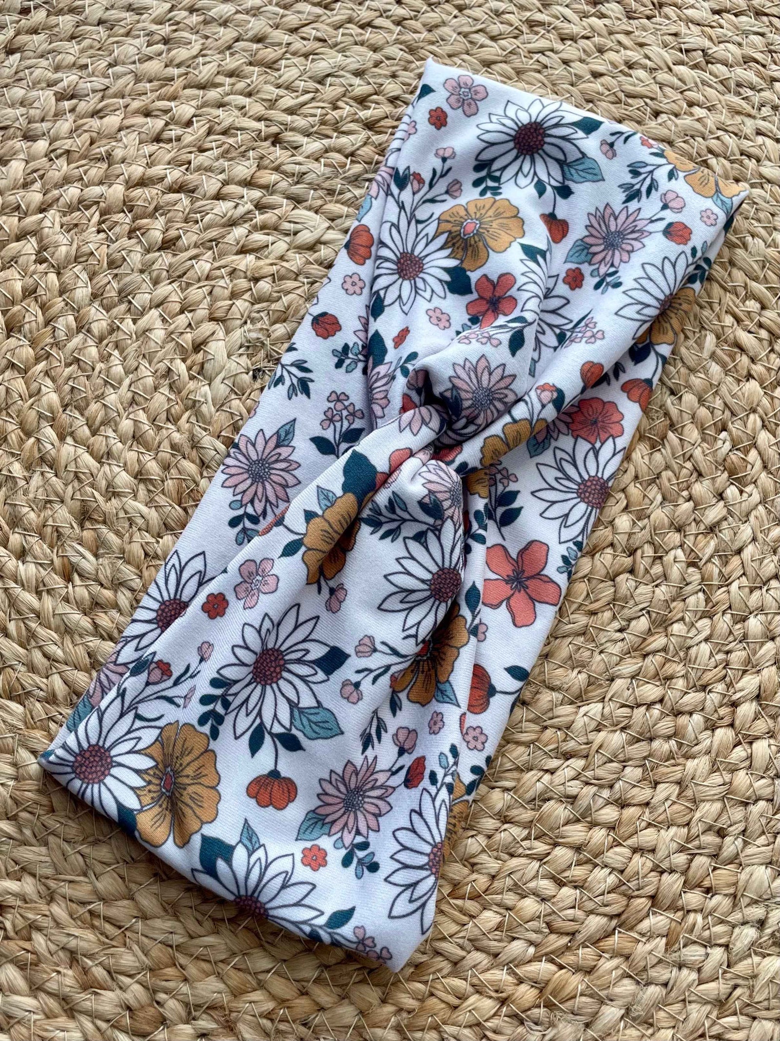 White Mixed Floral Knit Twist Headband