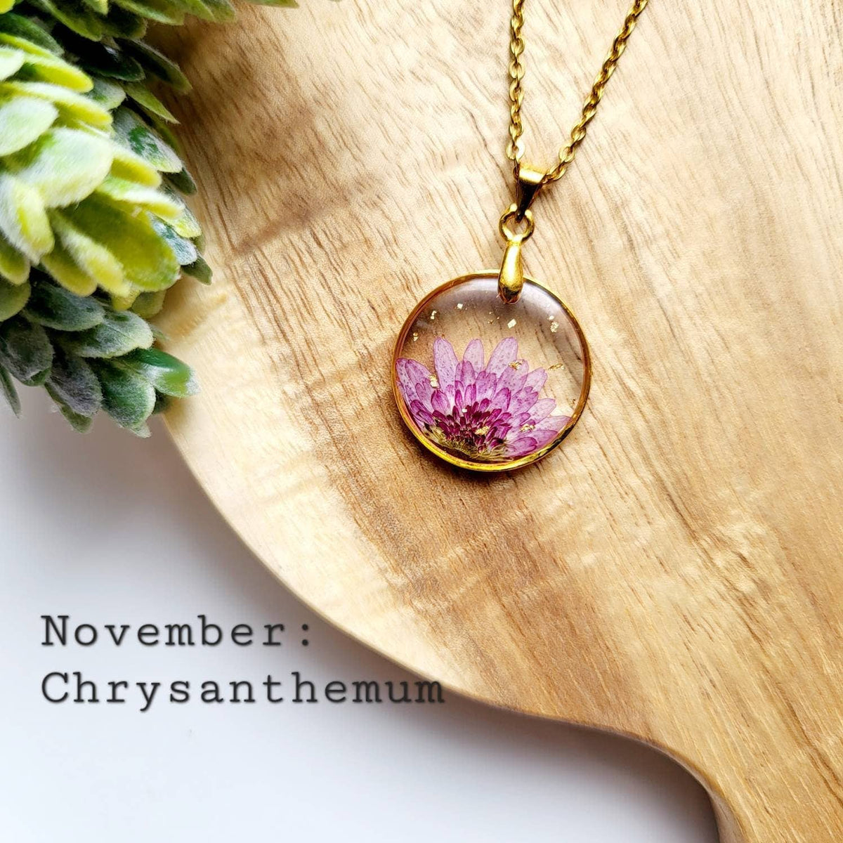 Chrysanthemum (November Birth Flower) Pressed Flower Necklace