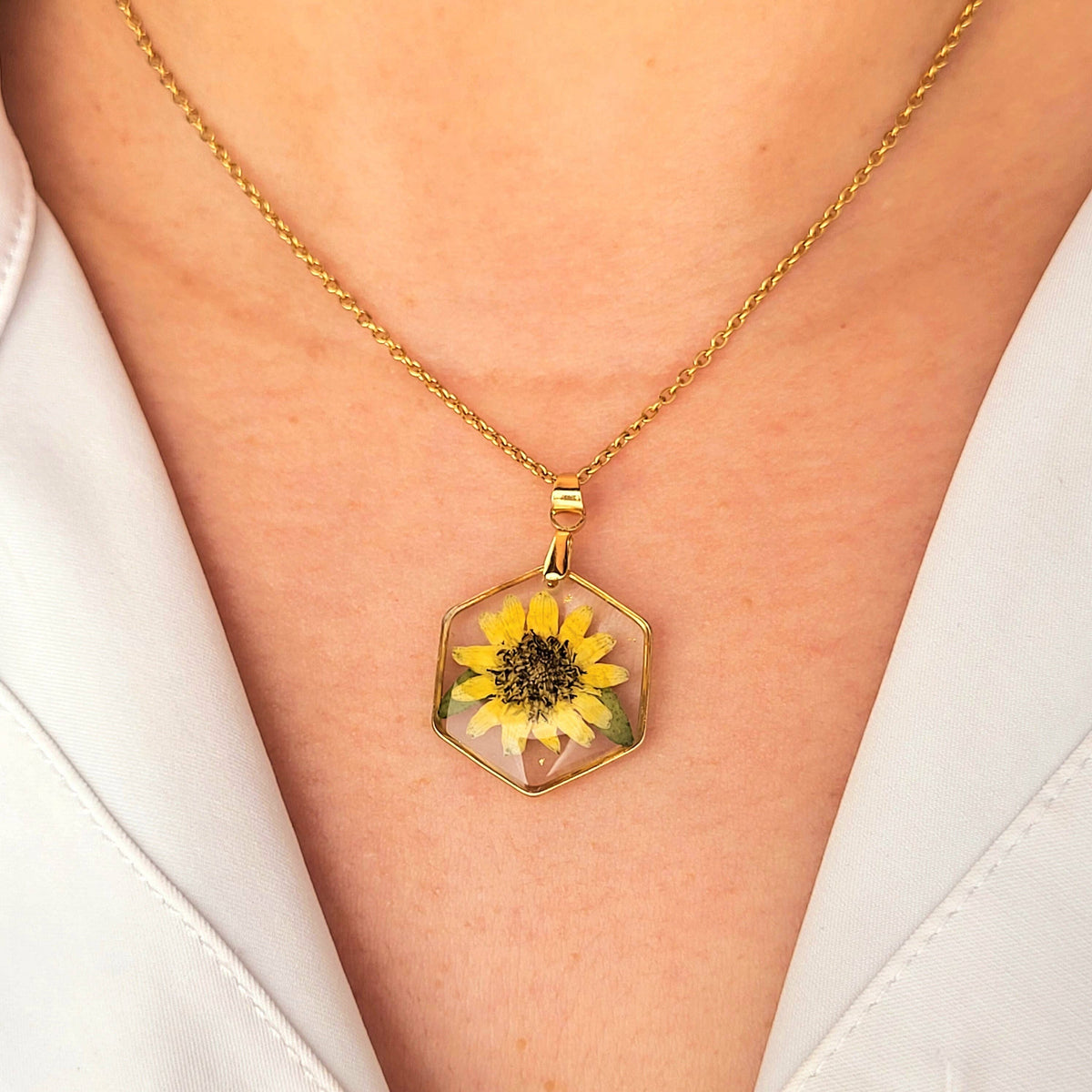 Sunflower | Hexagon Pressed Flower Necklace