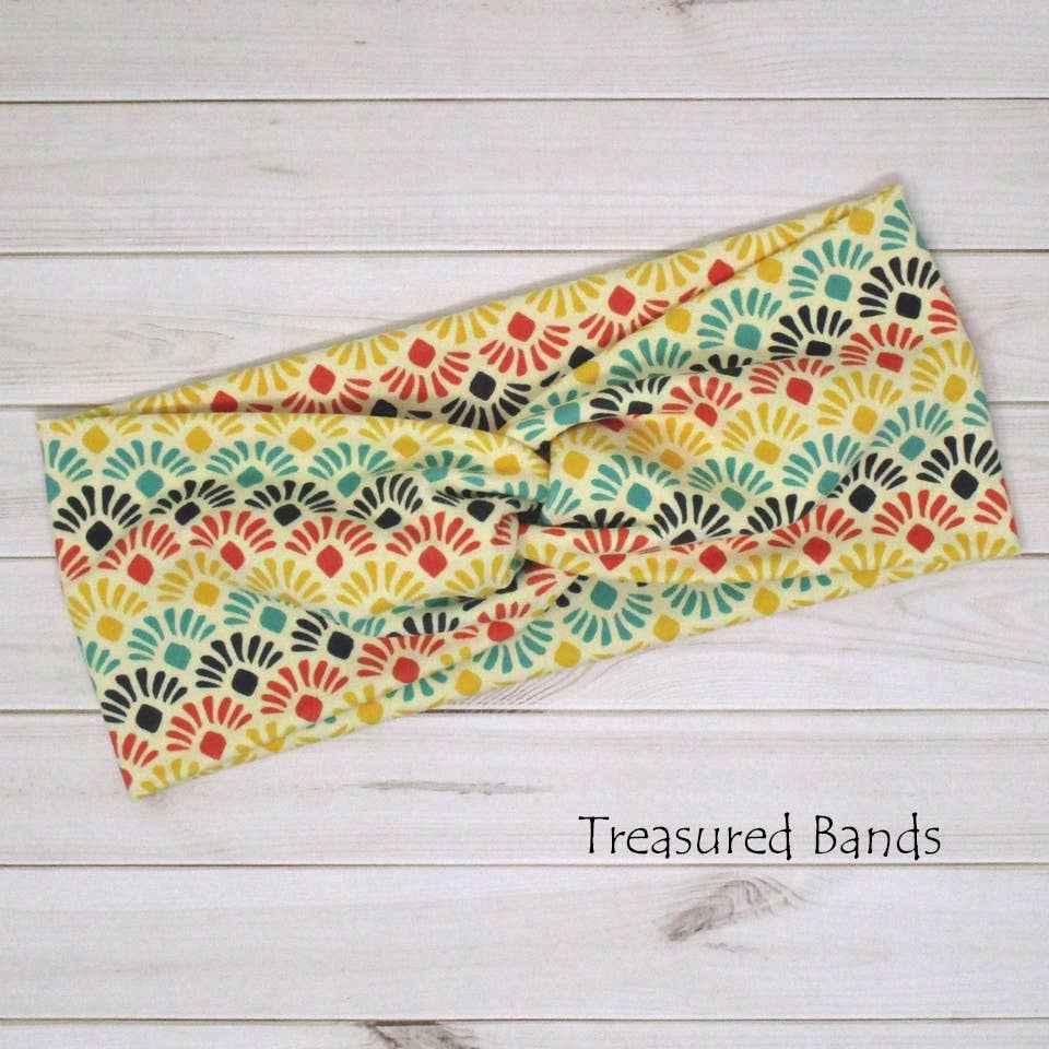 Boho Fan Teal Rust Gold Natural Print Knit Twist Headband