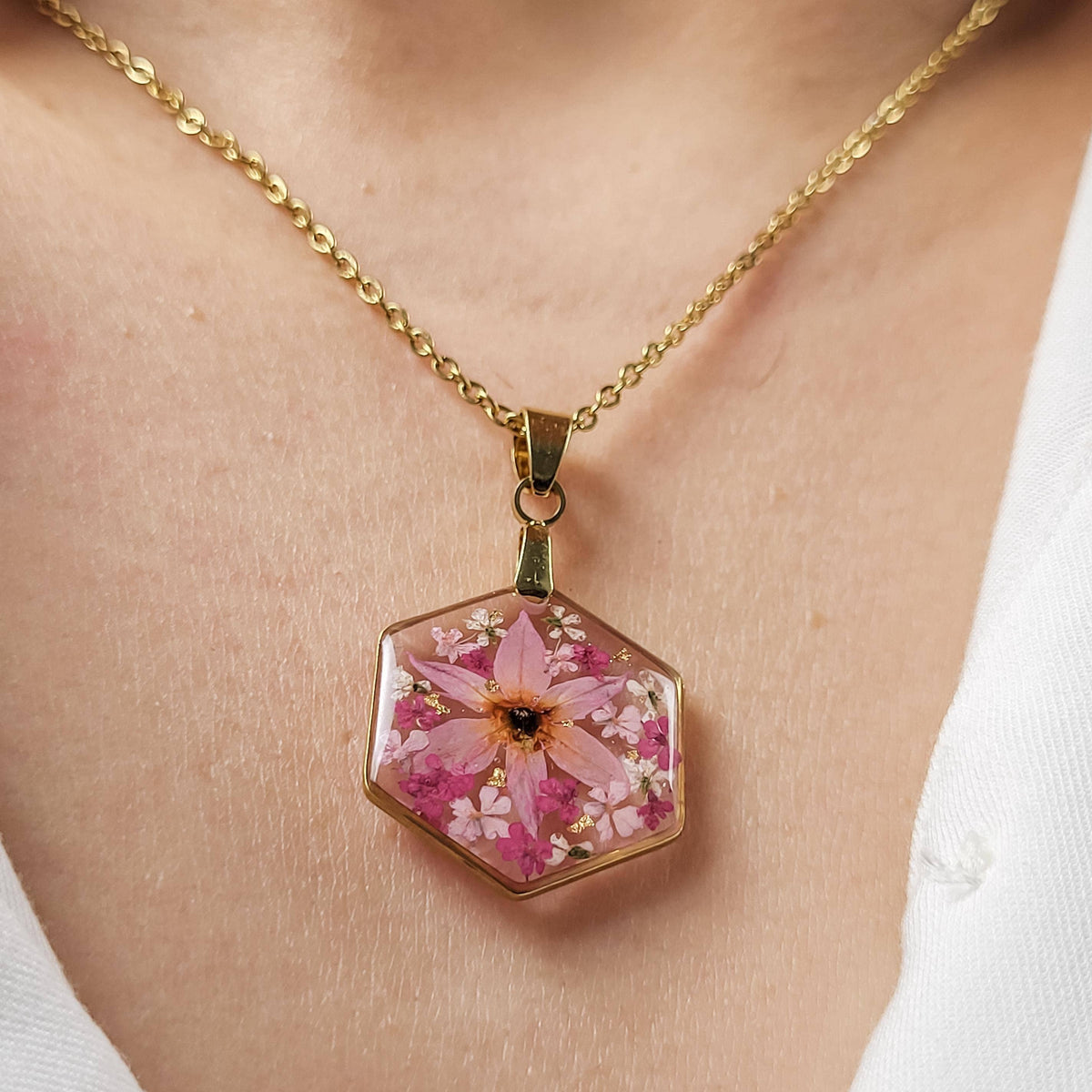 Pink Star Flower | Gold Hexagon Pressed Flower Necklace