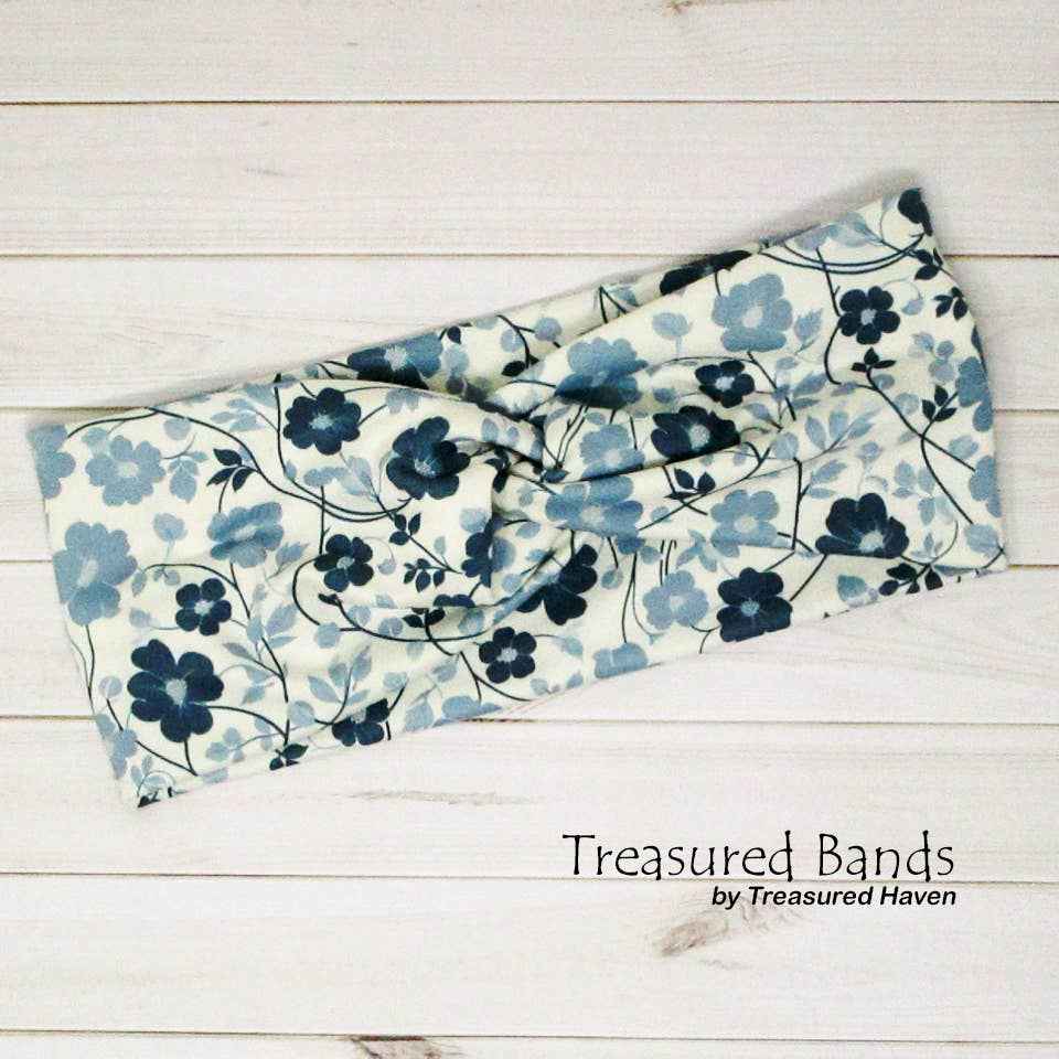 Vintage Blue Ivory Floral Print Twist Headband