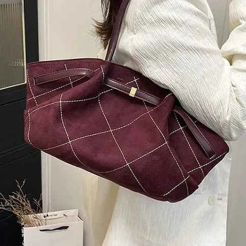 Diamond-Stitch Suede Slouch Tote Bag