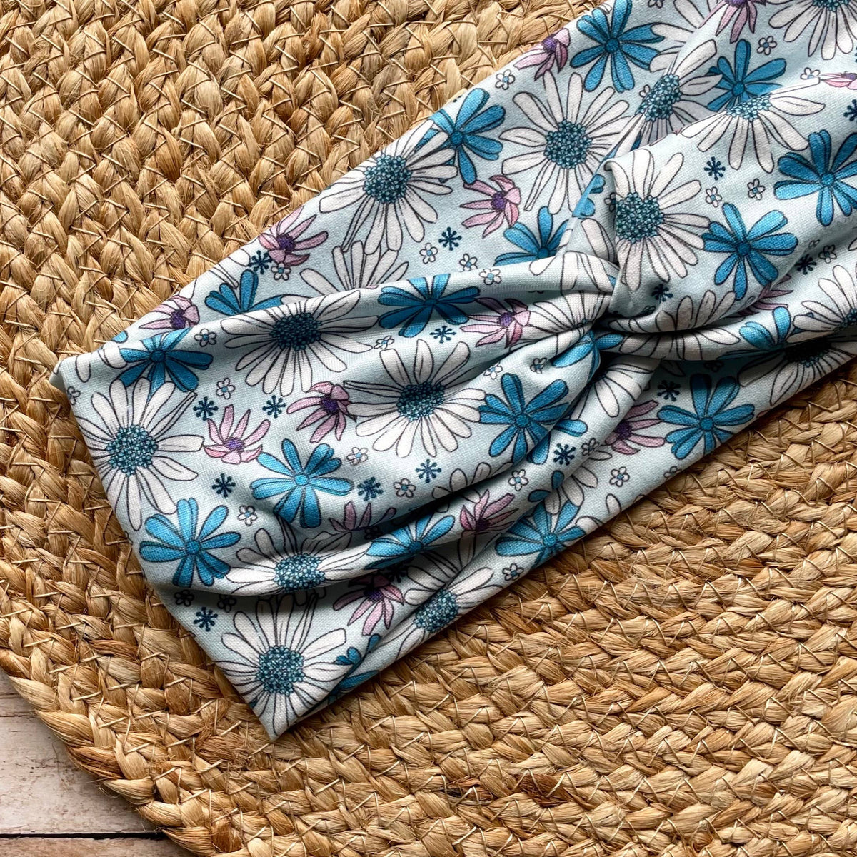 Bright Blue Daisy Knit Twist Headband